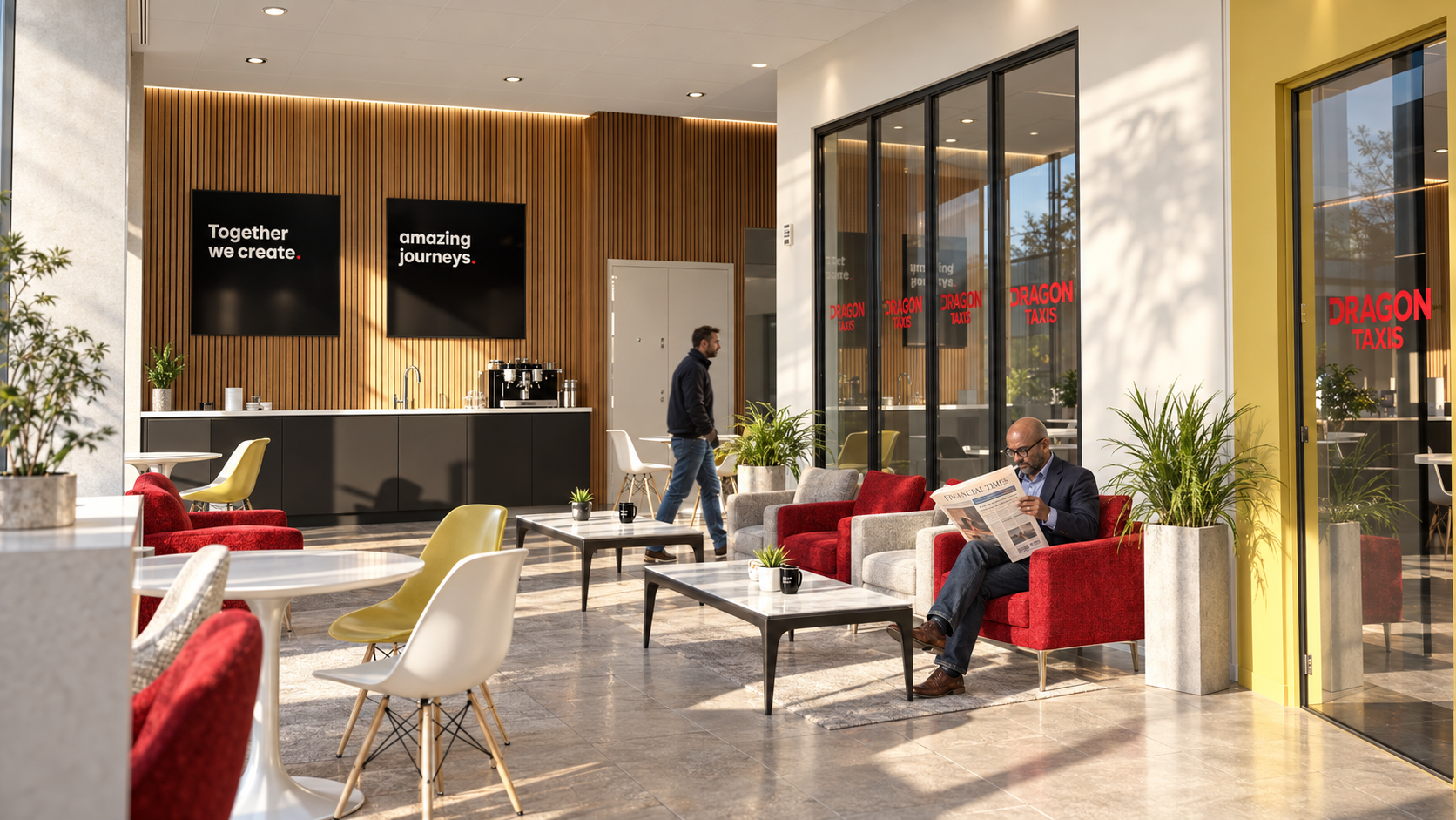 Modern airport lounge with natural light, red and white chairs, green plants, a man reading a newspaper, and another man walking. Signage on the wall reads 'Together we create' and 'amazing journeys'. The entrance has glass doors with red signage 'DR