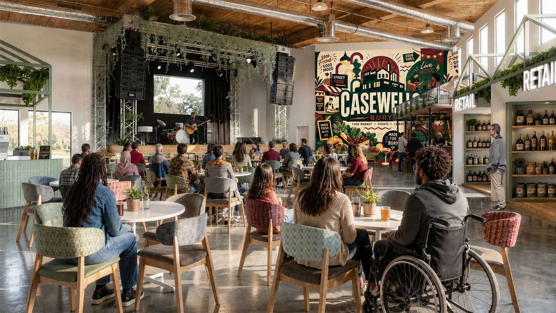 People gathered in a modern indoor space with a stage where a musician is performing. The setting includes comfortable chairs and tables, large windows, indoor plants, and vibrant wall art promoting a food market, events, and live music. The atmosphe
