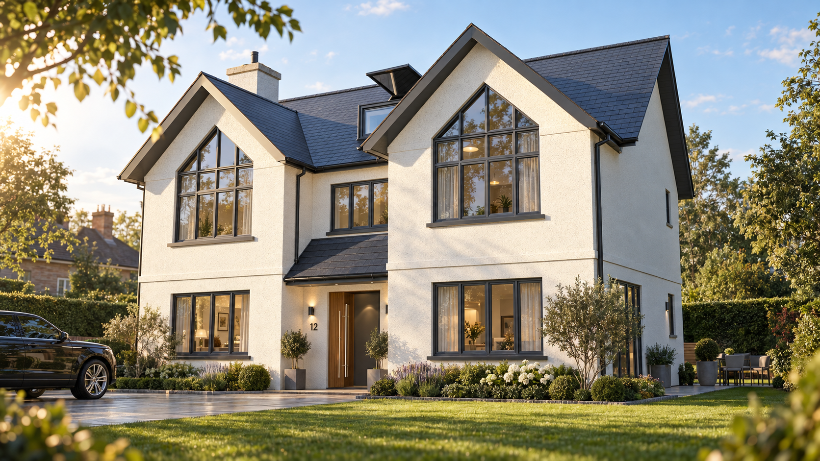 A modern two-story house with white walls, black-framed large windows, and a dark gray roof, surrounded by a well-maintained lawn and garden with trees and shrubs, in golden sunlight.