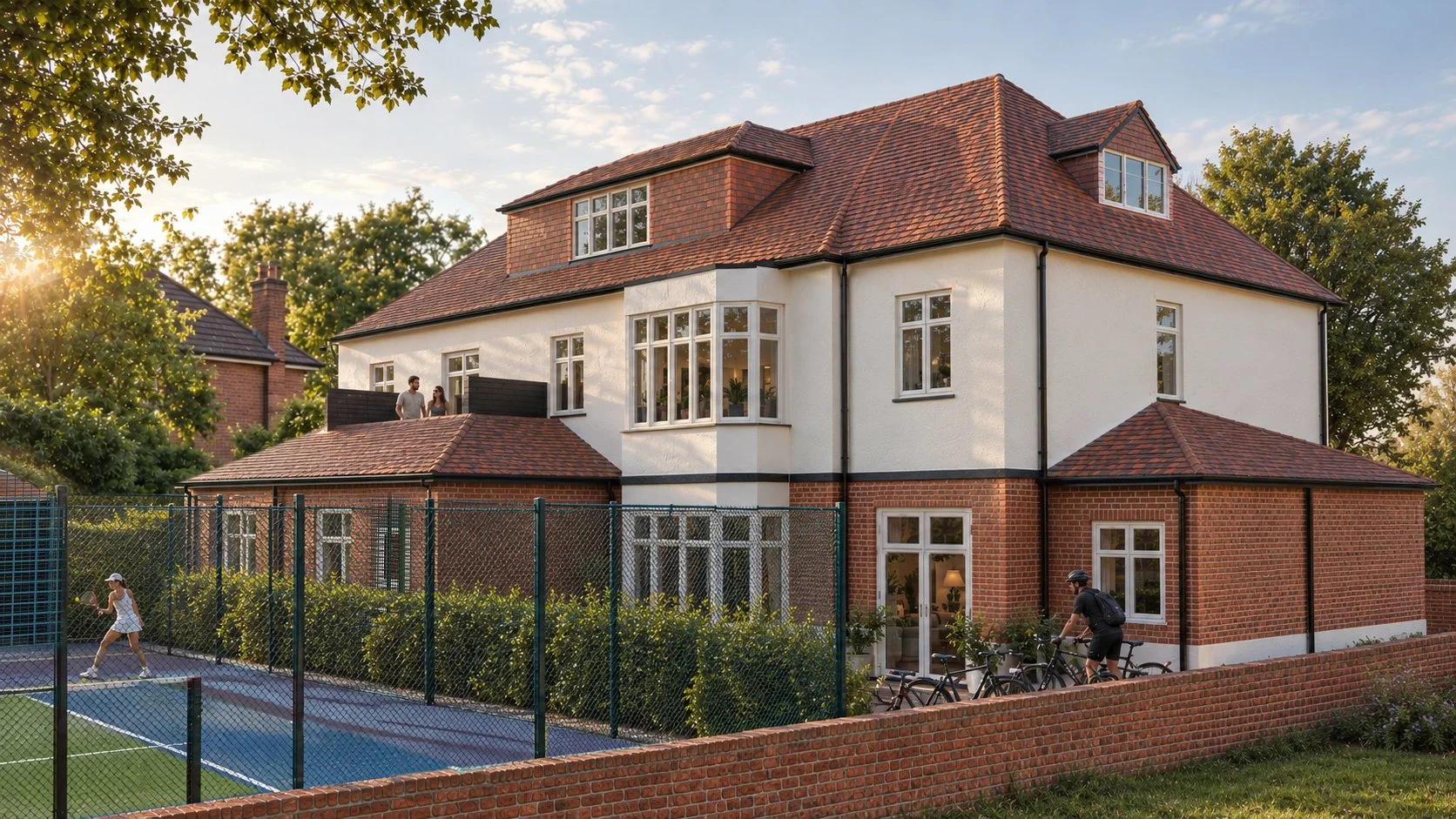 Multi-story house with a red tile roof, white and red brick exterior, and multiple windows. There is a fenced tennis court in the foreground where a girl is playing tennis and a man on a bicycle. Two people are on the balcony of the house. Trees and 