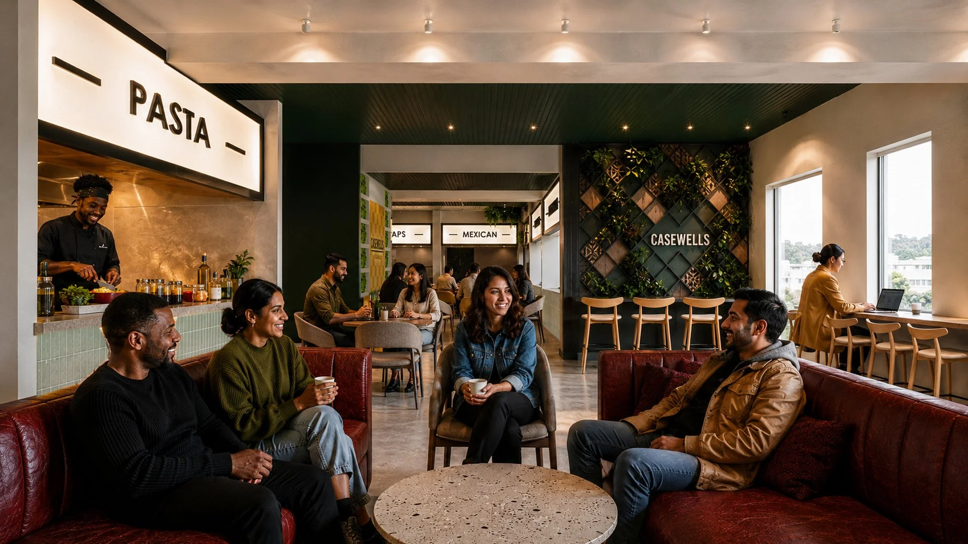 Interior of a modern cafe or restaurant with people sitting and chatting, a chef preparing food behind the counter, and signs indicating pasta, Mexican, and casewells.