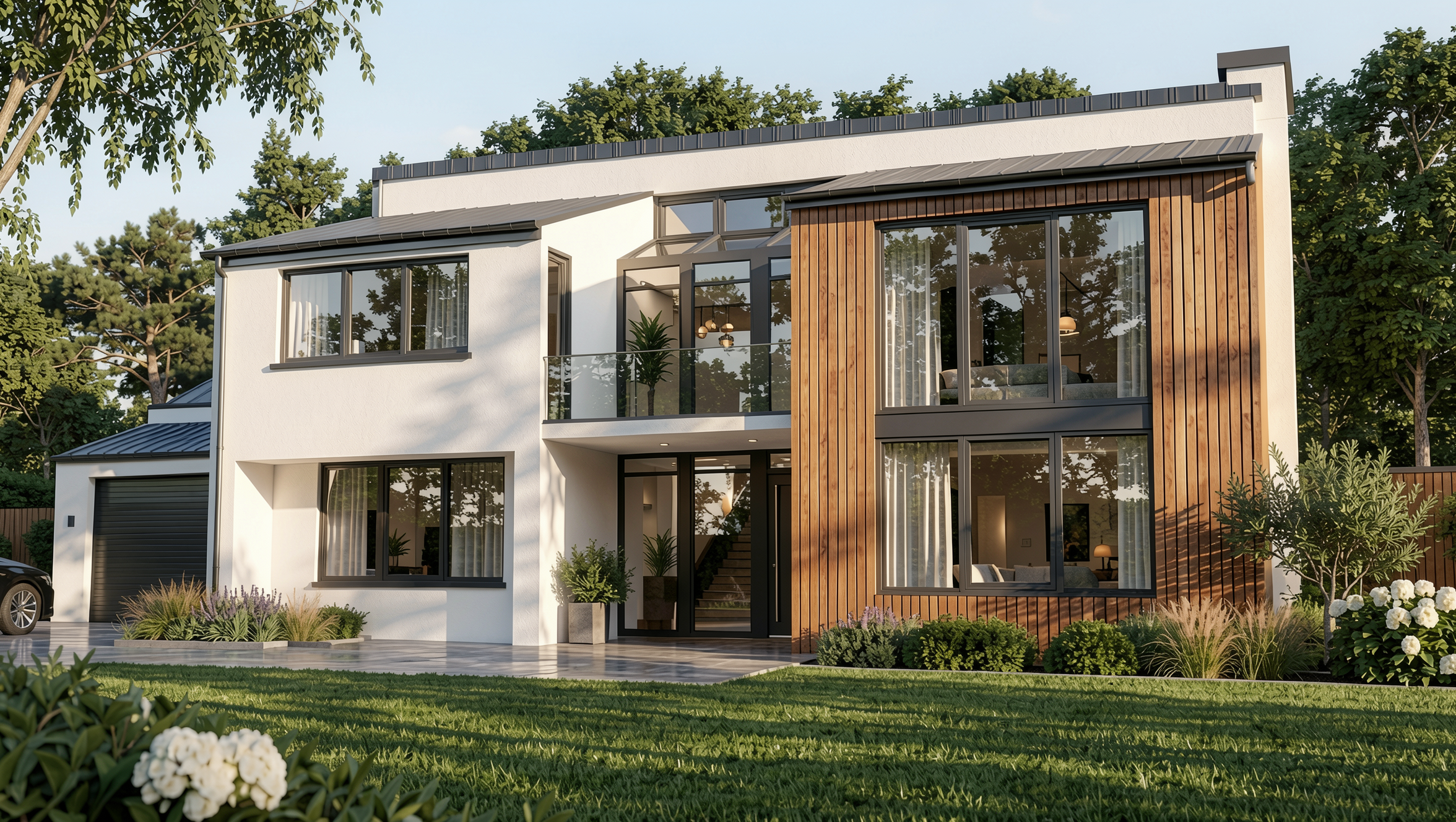 Modern two-story house with white walls, black window frames, and wooden accents, surrounded by greenery and trees.