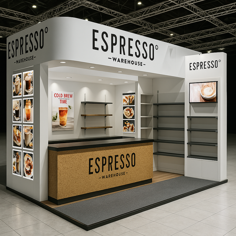 Coffee shop kiosk with "Espresso Warehouse" signage and images of cold brew and coffee drinks.