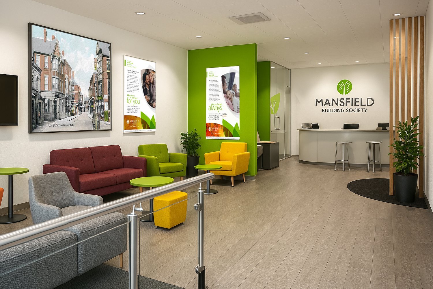 Modern interior of Mansfield Building Society with colorful seating, wall art, informational posters, and a reception desk.