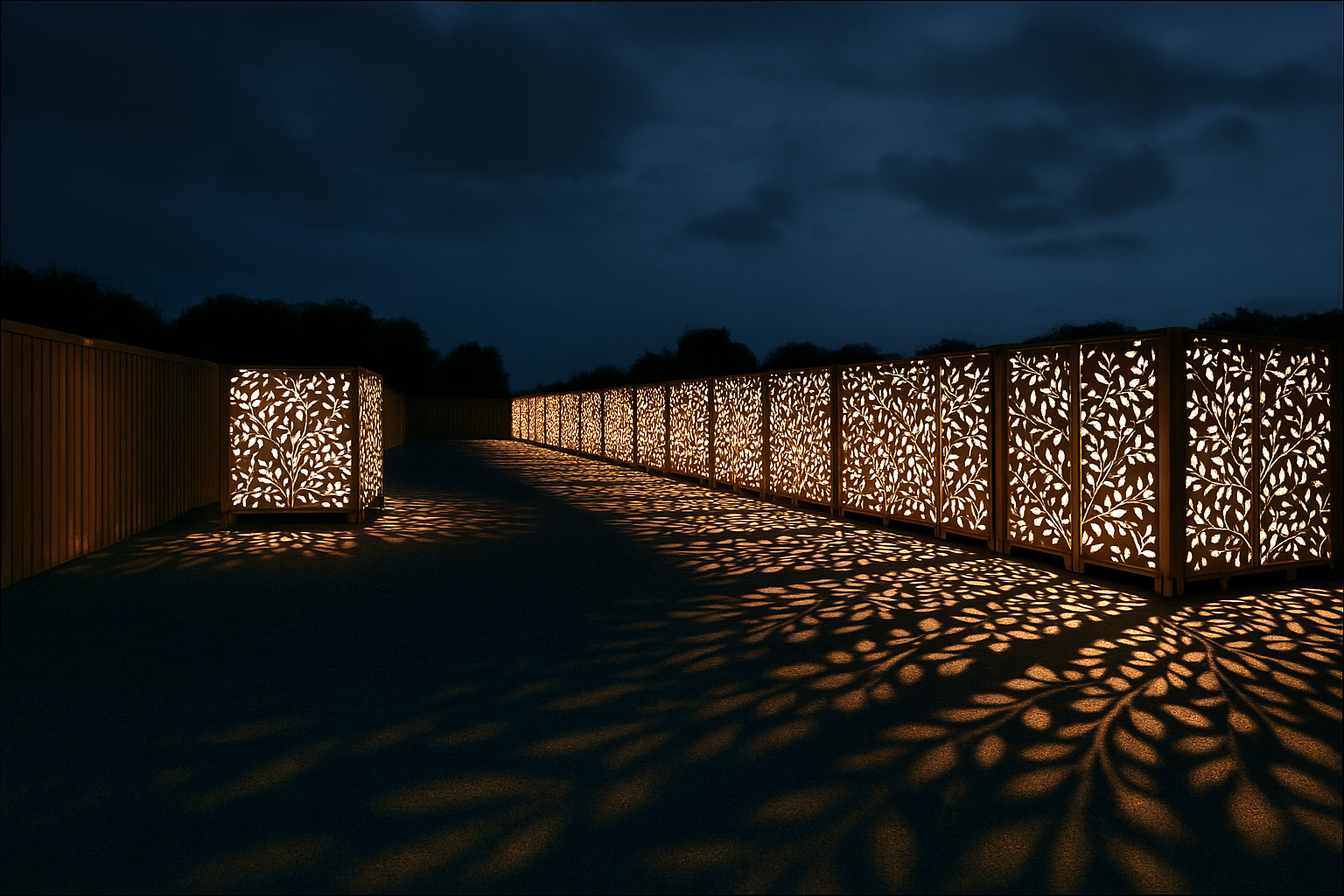 Decorative illuminated panels at night with intricate leaf patterns casting shadows on the ground.
