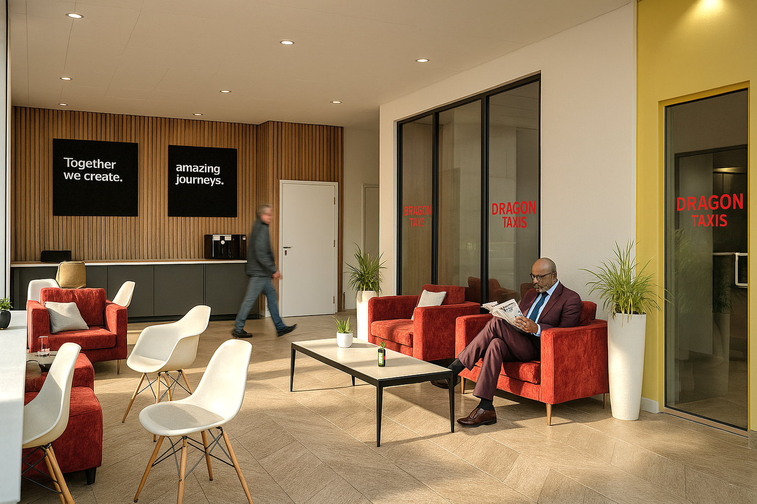Interior of a modern waiting area with red armchairs, a man reading, and another person walking. The space features "Dragon Taxis" branding, and motivational wall signs.