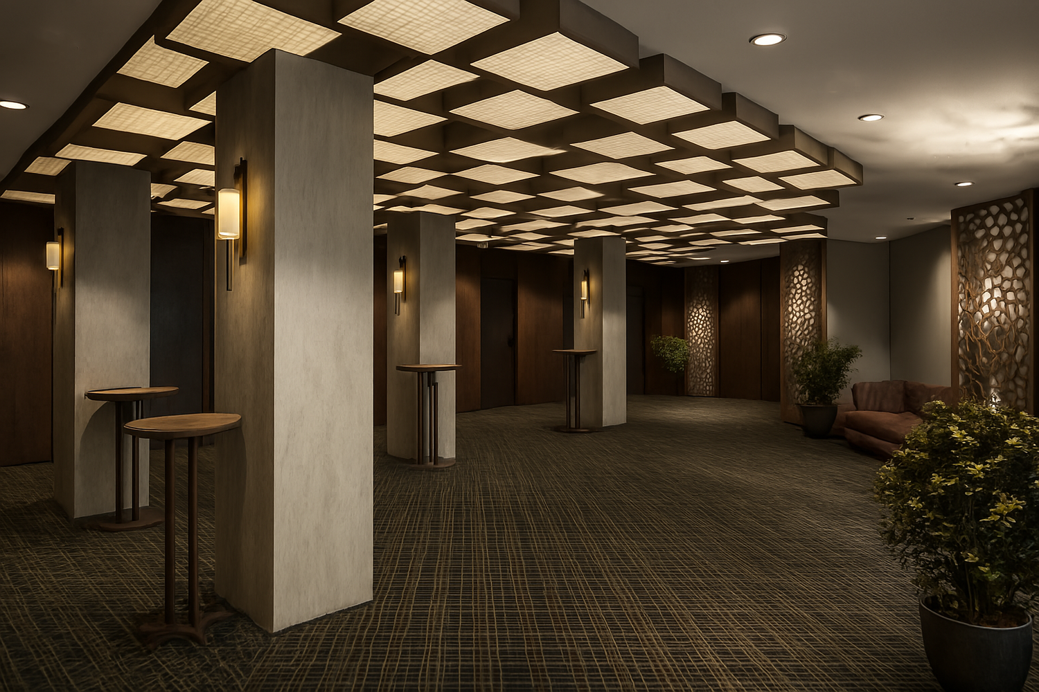 Modern hotel lobby with columns, decorative ceiling, small round tables, wall lamps, plants, and a couch.