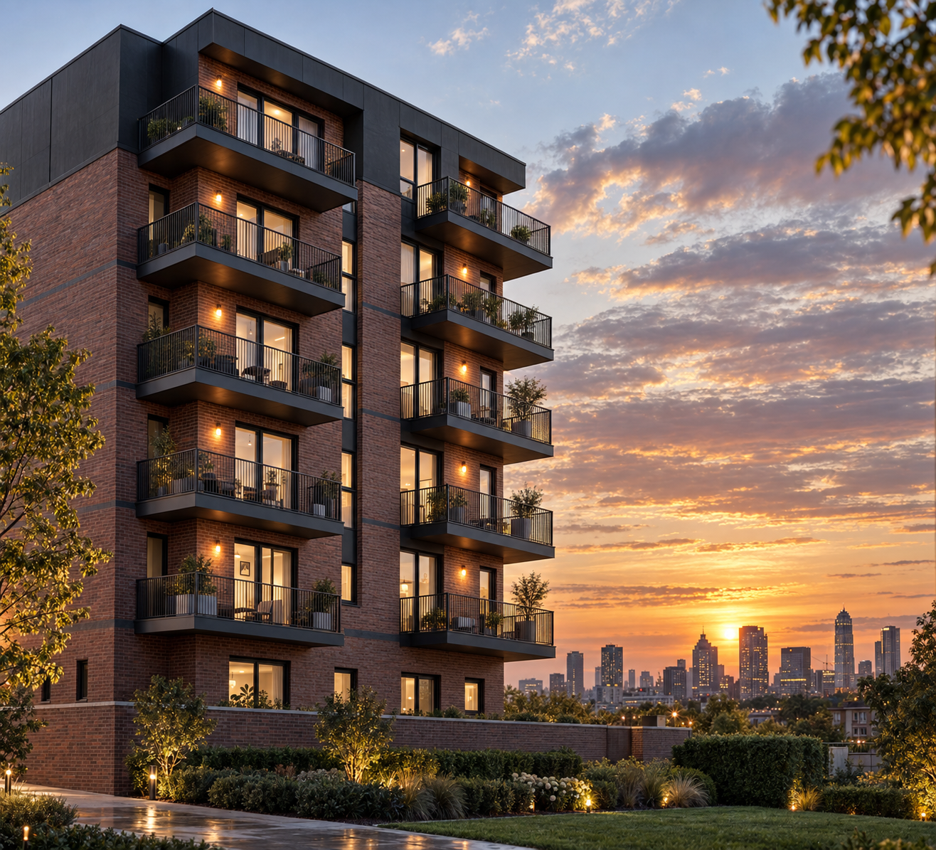 A modern multi-story apartment building with balconies, illuminated at sunset, with a city skyline in the background.
