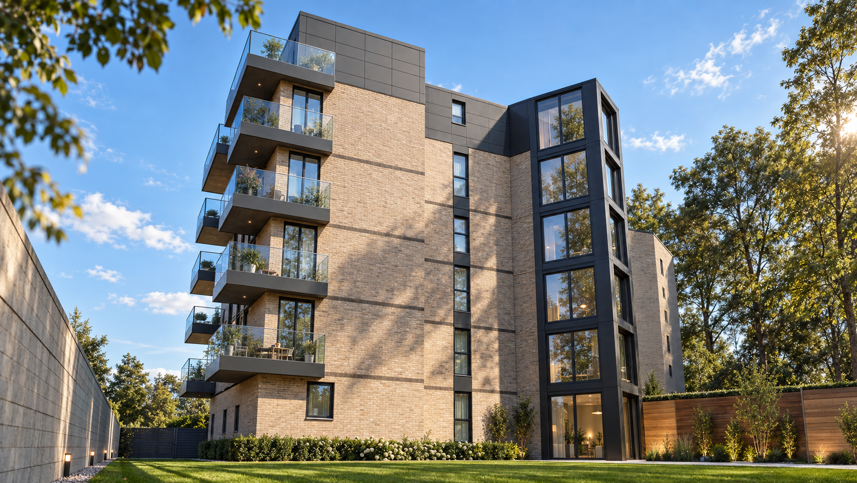 Modern multi-story apartment building with glass balconies and large windows, surrounded by trees and a landscaped yard, under a blue sky with clouds.