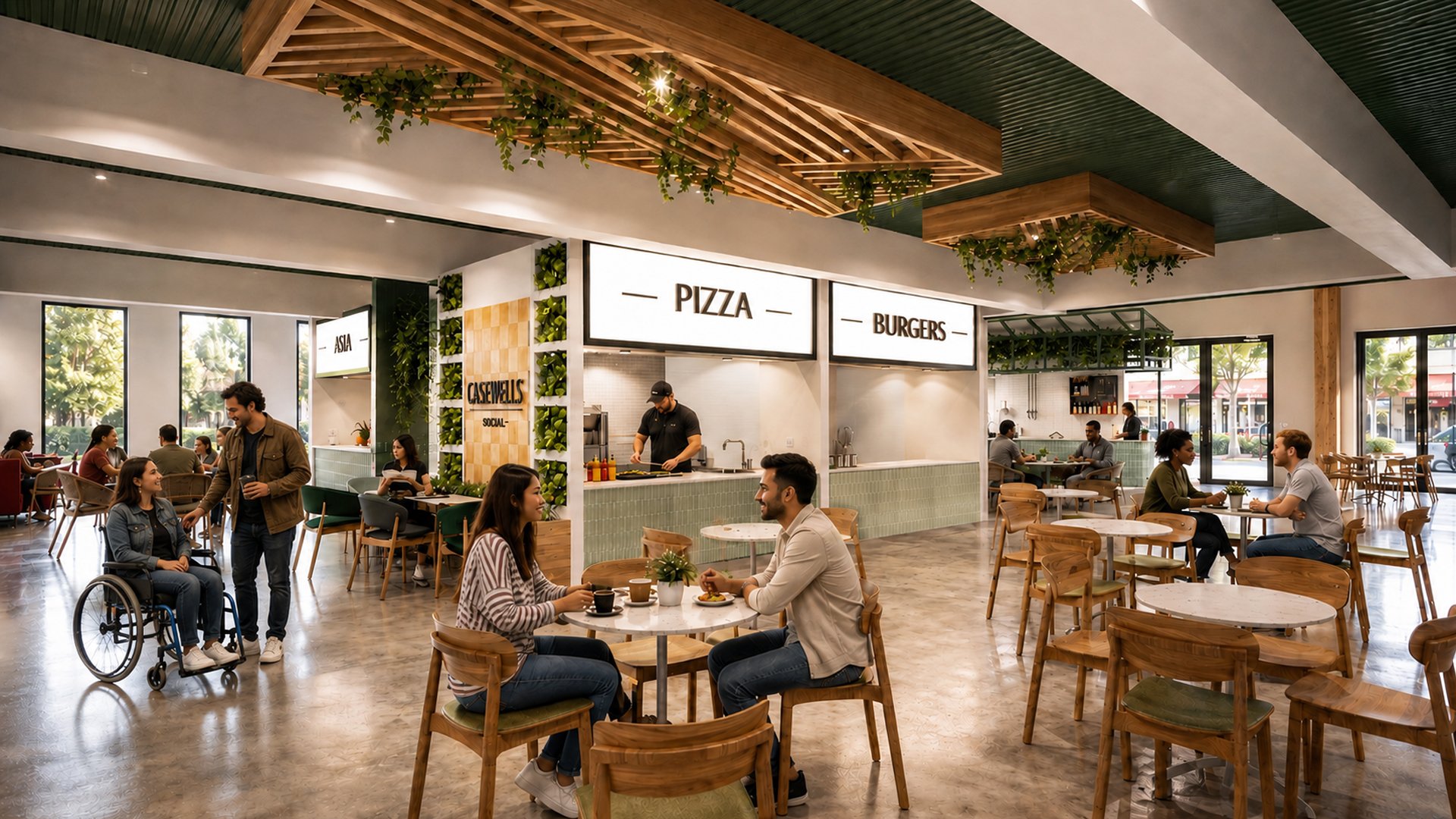 Interior of a modern, well-lit cafe with wooden accents and green plants, featuring customers sitting at tables, some chatting and some working, with signage for pizza and burgers, large windows showing outside street view.