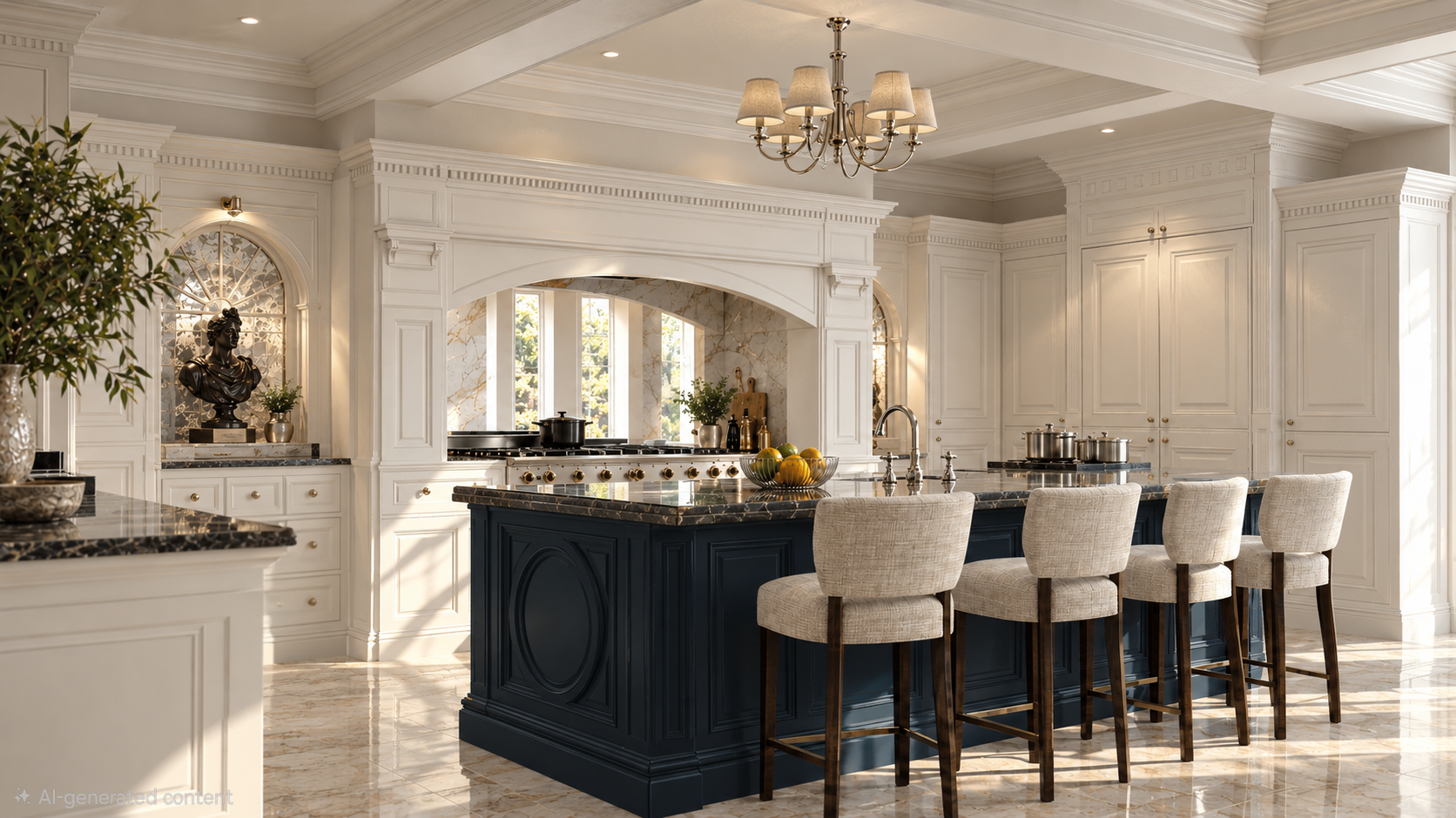 Kitchen with white cabinetry, marble countertops, navy blue kitchen island, beige upholstered bar stools, chandelier, and natural light through large windows
