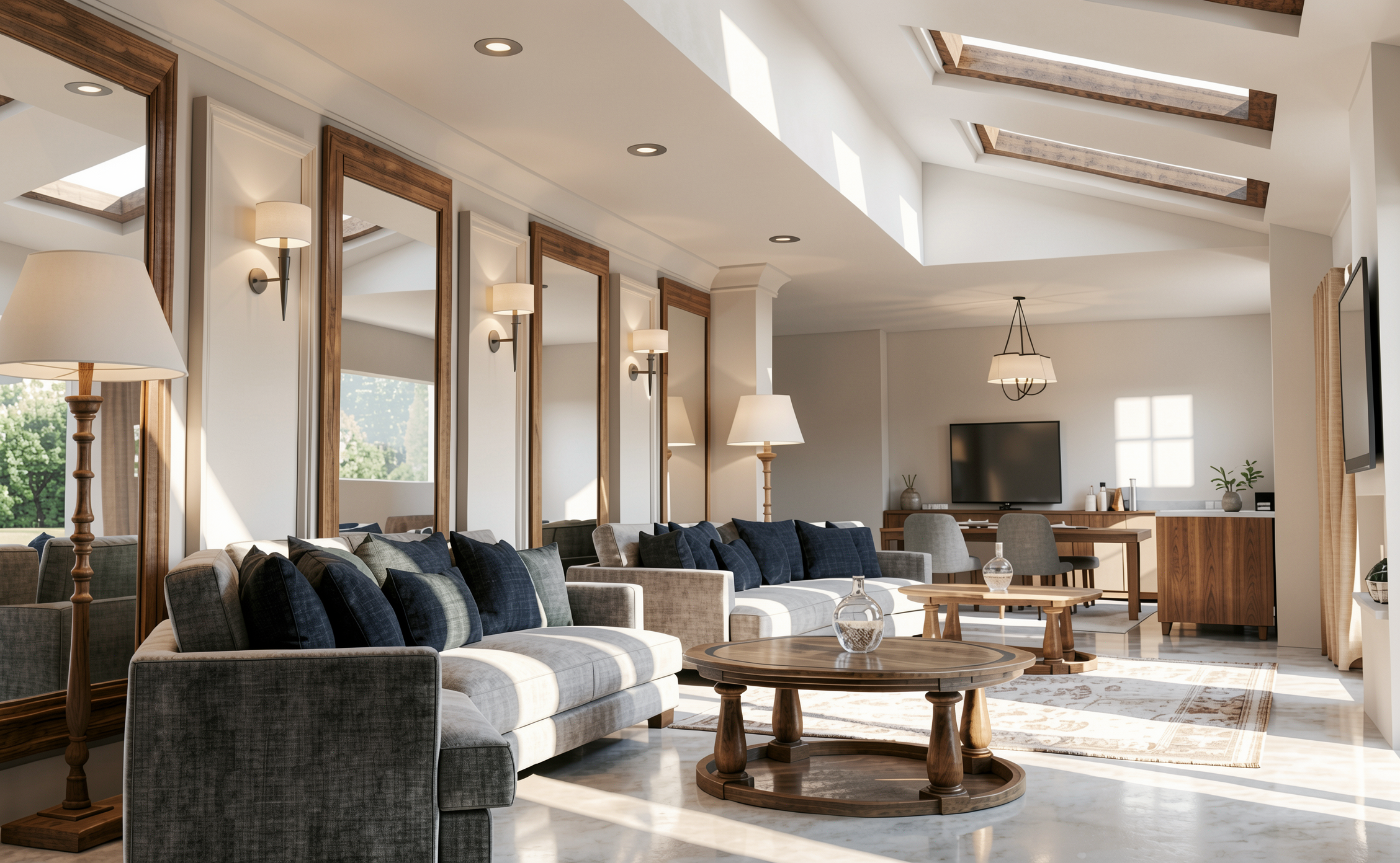 Bright, modern living room with skylights, beige sofas with navy and gray cushions, wooden coffee tables, a large flat-screen TV, a dining area with chairs, and decorative plants.