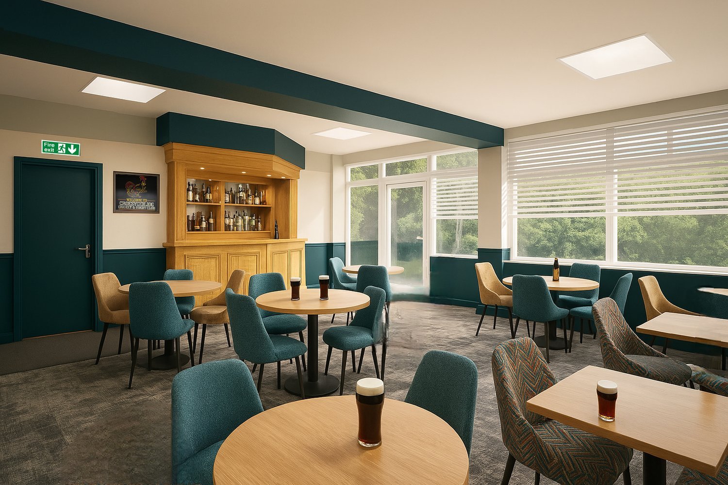 Modern bar interior with wooden tables, teal chairs, and a stocked liquor shelf.