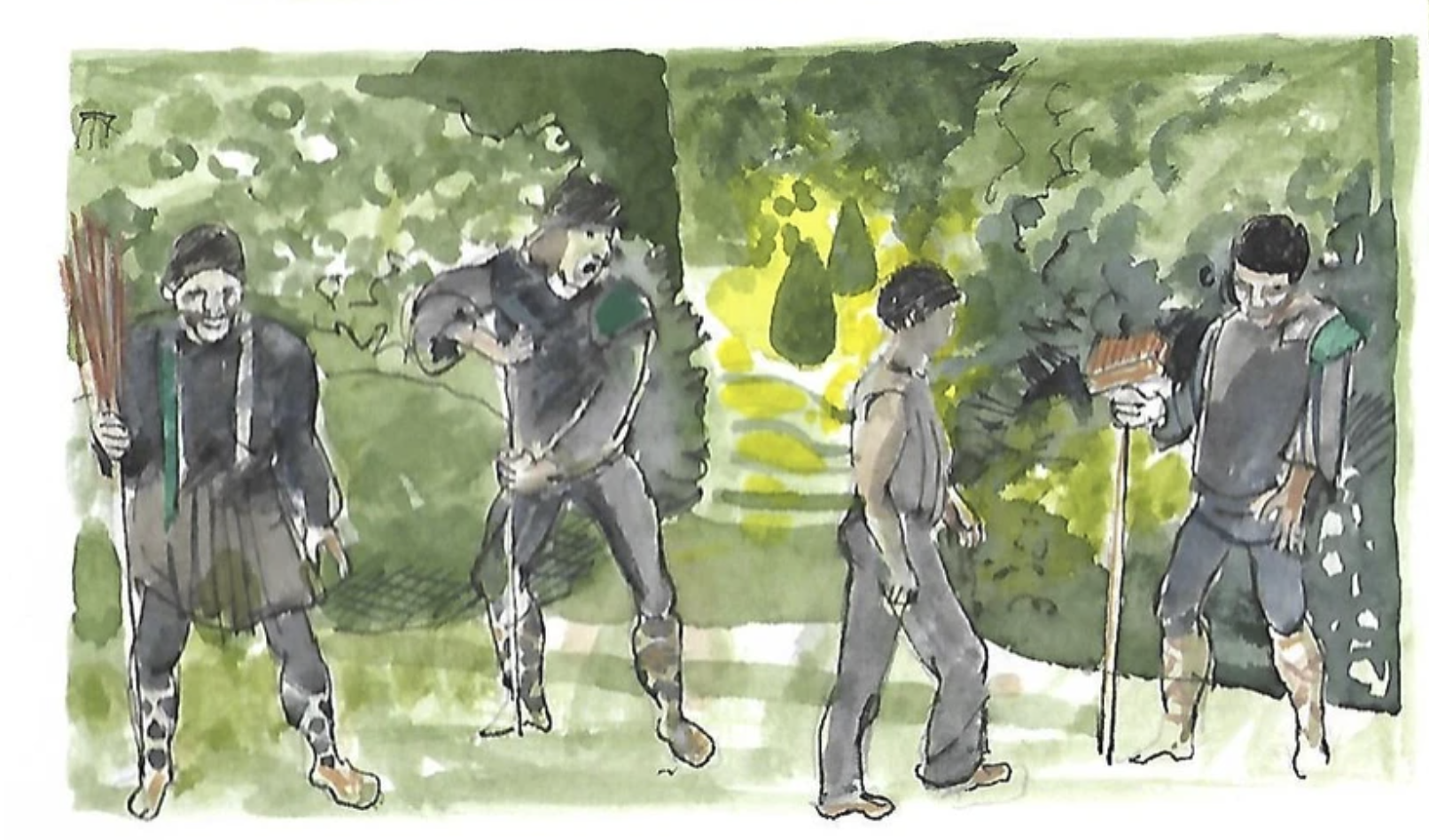 A watercolor painting of four children outdoors, each holding a stick and engaged in different activities in a green garden with trees and stepping stones.