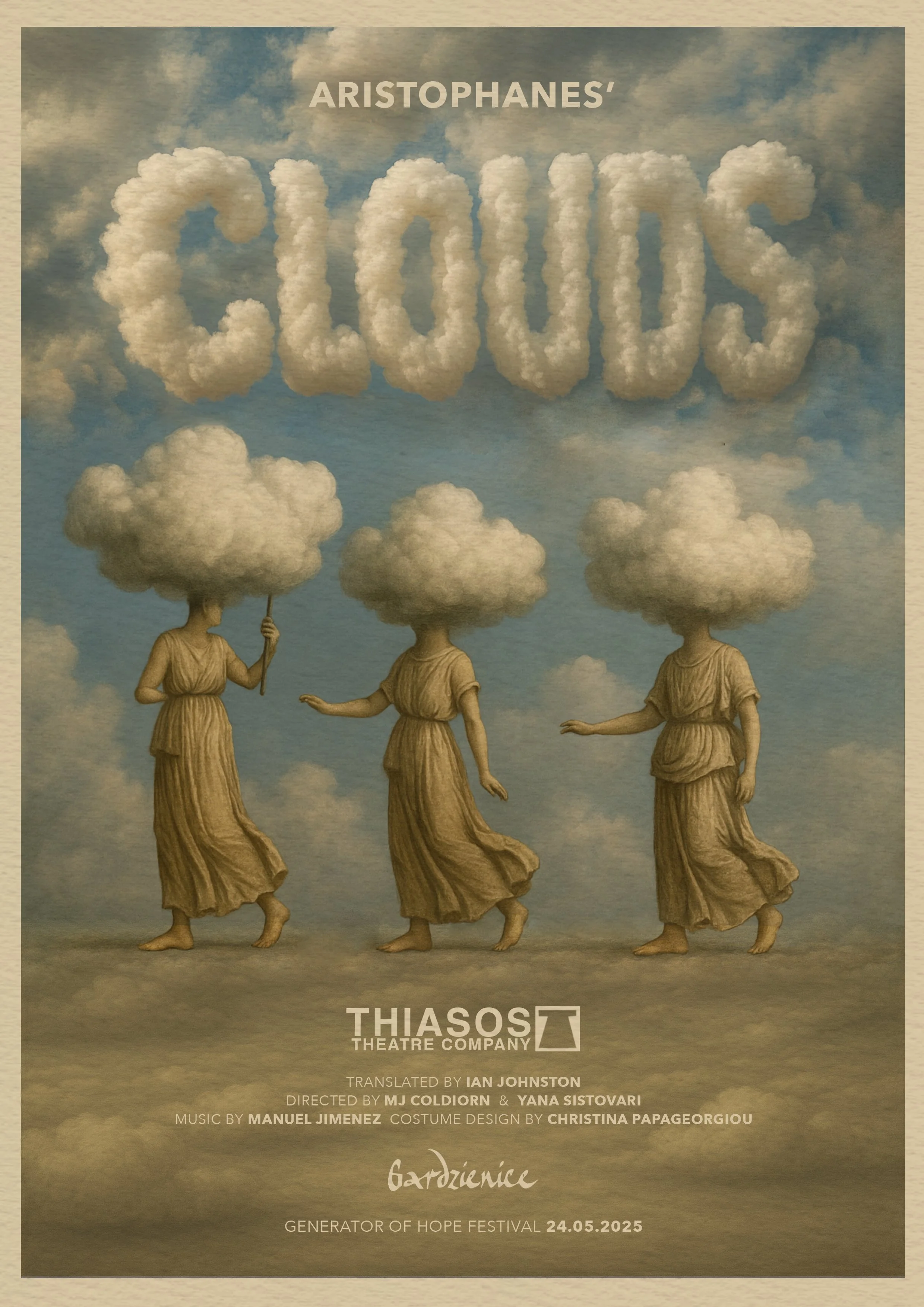 Poster for CLOUDS by Thiasos Theatre company