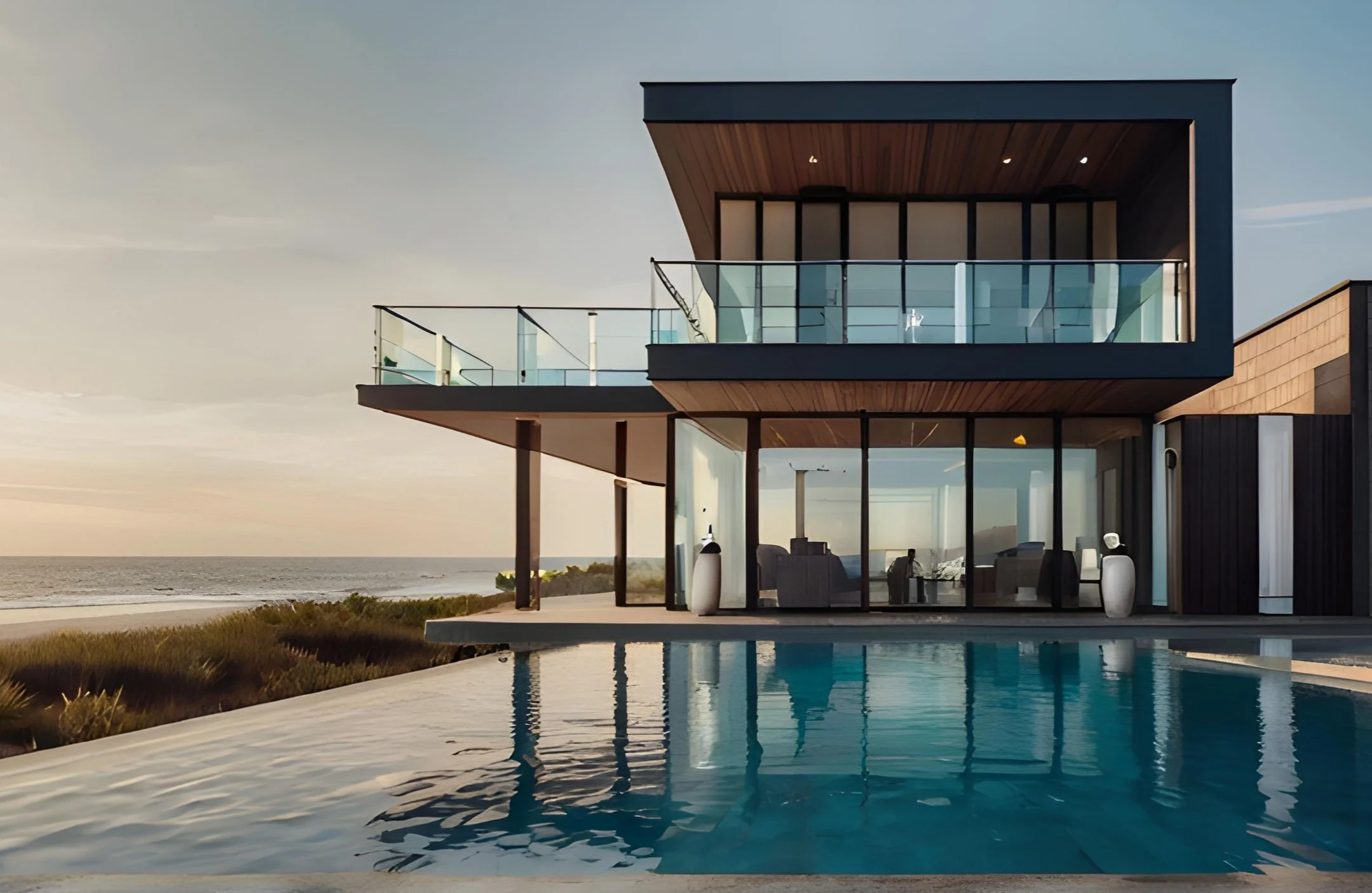 Modern two-story beach house with large glass windows and balcony, overlooking an infinity pool and ocean at sunset. |  Moscone Developments - Custom Home Builder in Vancouver