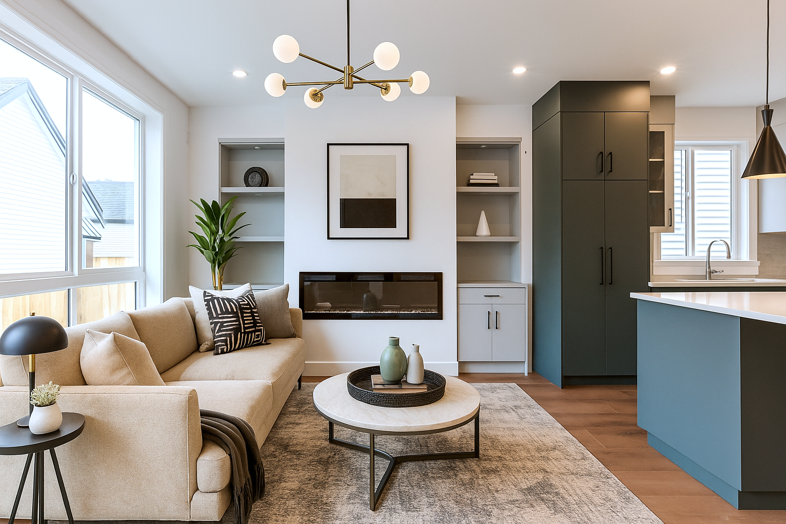 Modern living room with beige sofa, black side table, round coffee table with vases, fireplace, built-in shelves, dark cabinetry, large windows, and contemporary lighting fixtures. |  Moscone Developments - Custom Home Builder in Vancouver