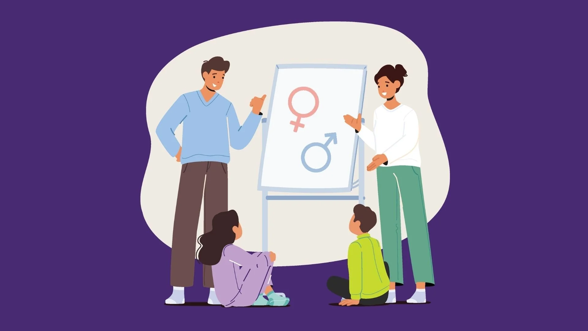 Two parents standing in front of a white board with a female symbol and a male symbol talking to two children who are sitting in the front of the board