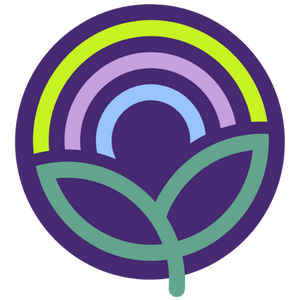 Stylized rainbow with green leaves below, on a purple background.