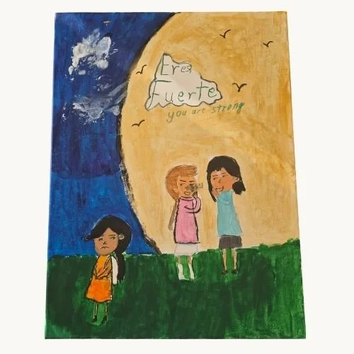 An anti-bullying poster painted by a youth with the words "eres fuerte" you are strong while two girls are laughing at another girl who is sad she is being bullied