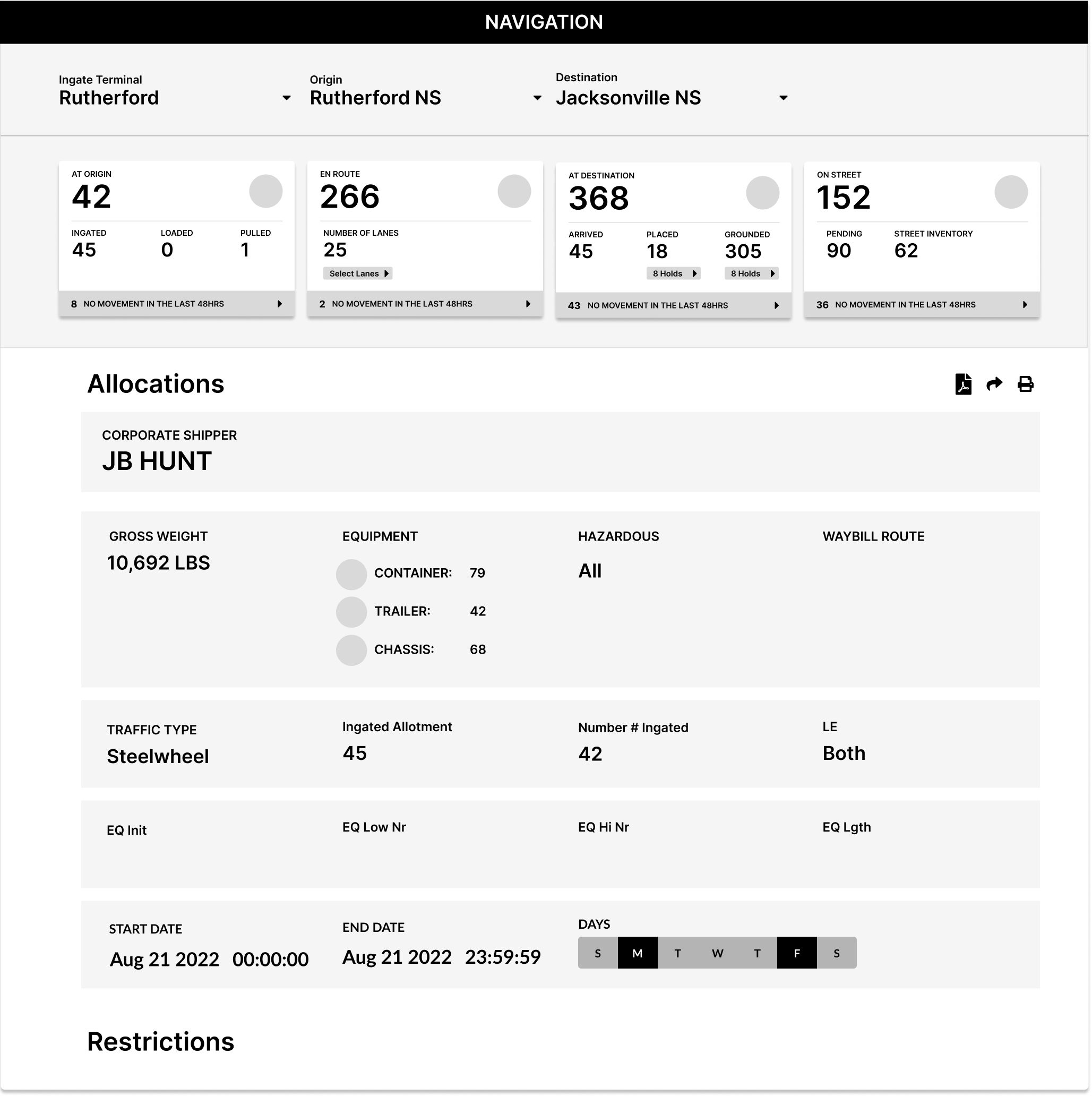 A wireframe from the Access NS design effort. The page shows an interface for allocating available train cars to a shipment.