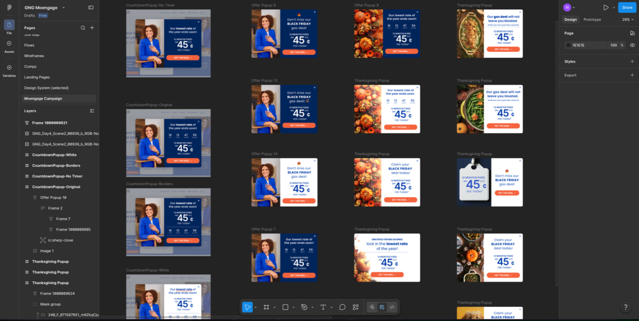 A sample view of the GNG.com component library, showing numerous personalized variants of a standardized promotional modal, powered by Moengage.