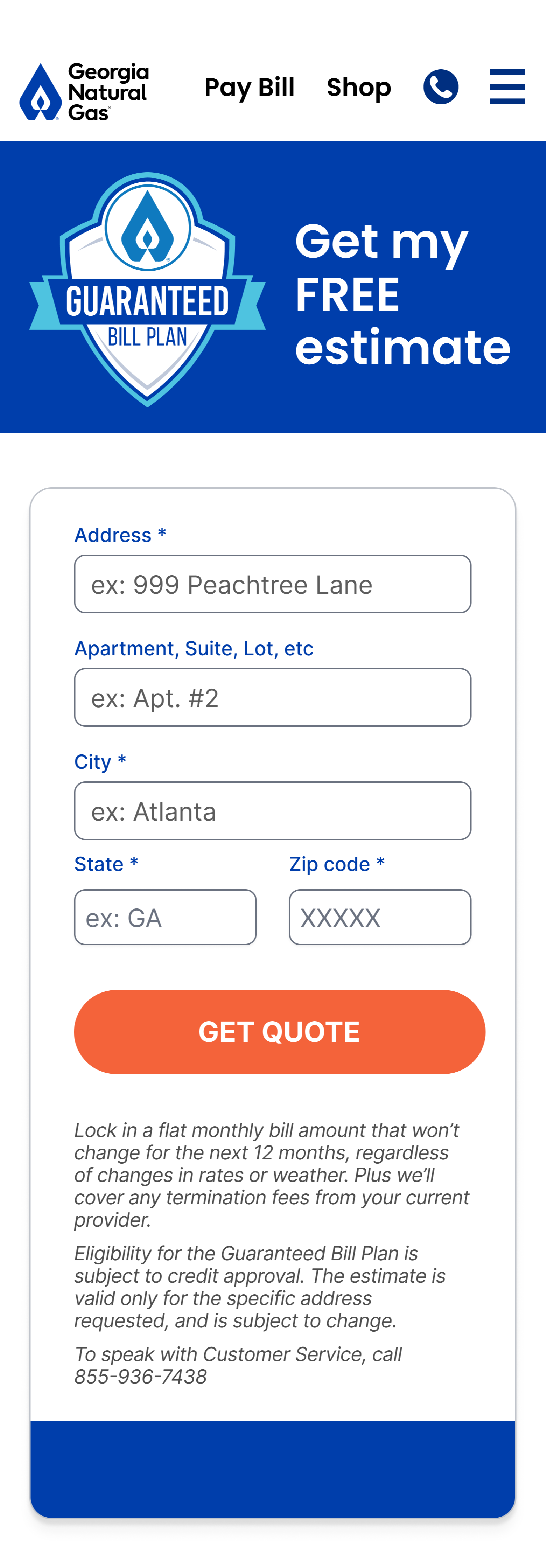 A screenshot of the newly-redesigned Guaranteed Bill Plan estimator, showing how the user can enter their address to immediately receive a personalized estimate.