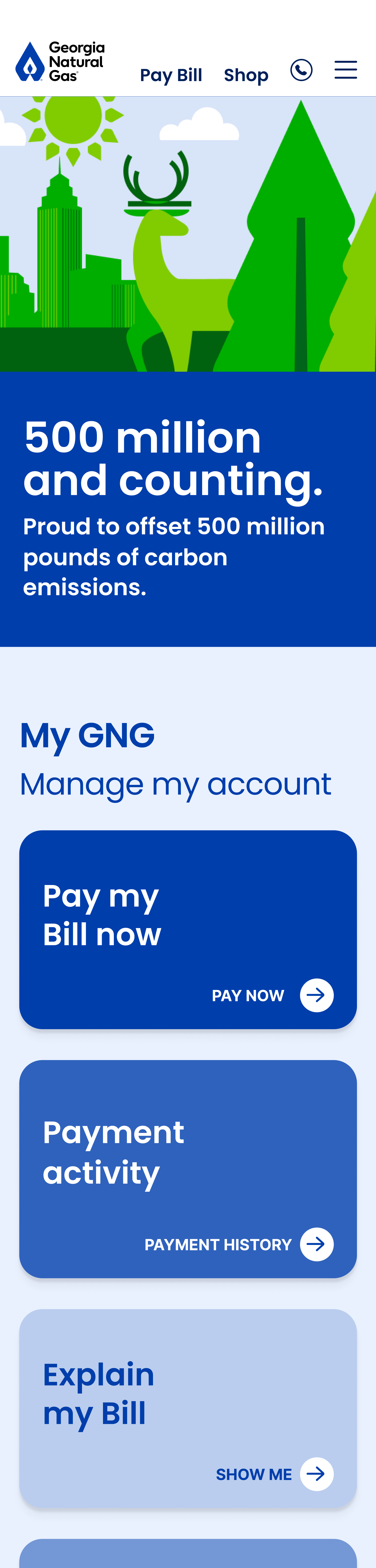 Screenshot of the mobile layout for the responsive GNG.com customer self-service landing page, showing clean scaling, clear CTA's, and flexible one-click paths forward.