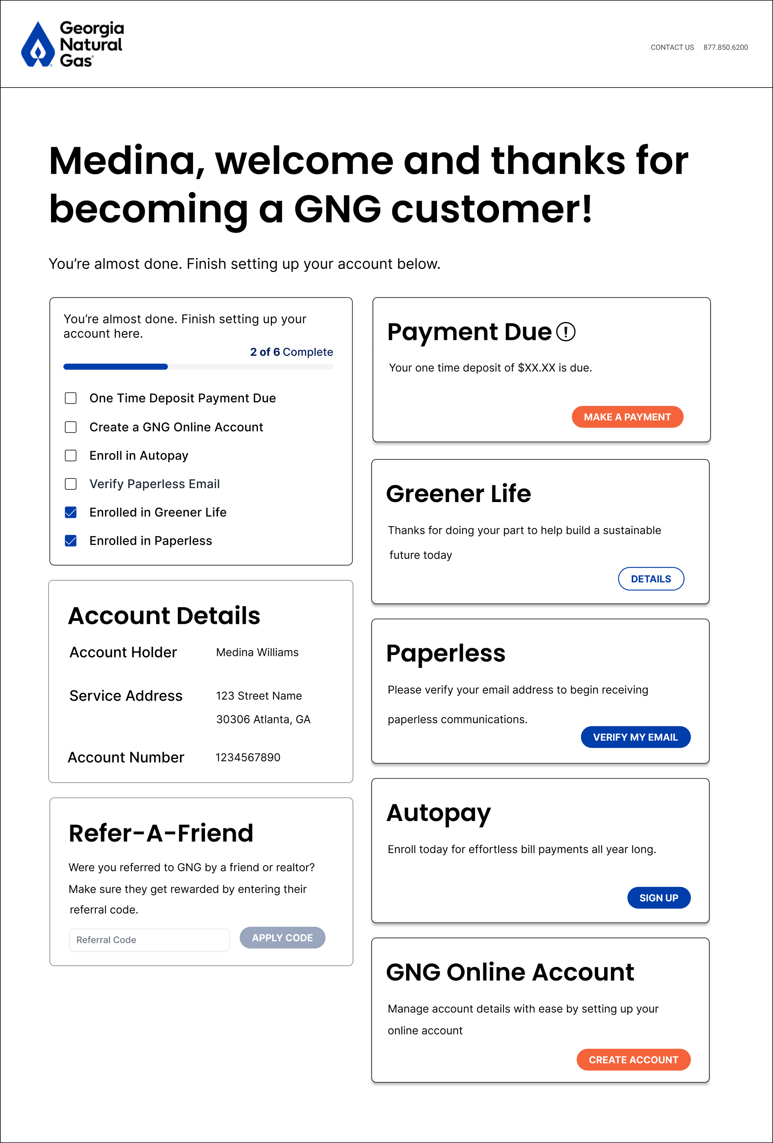 An in-progress wireframe depicting post-enrollment options for configuring a new customer account.