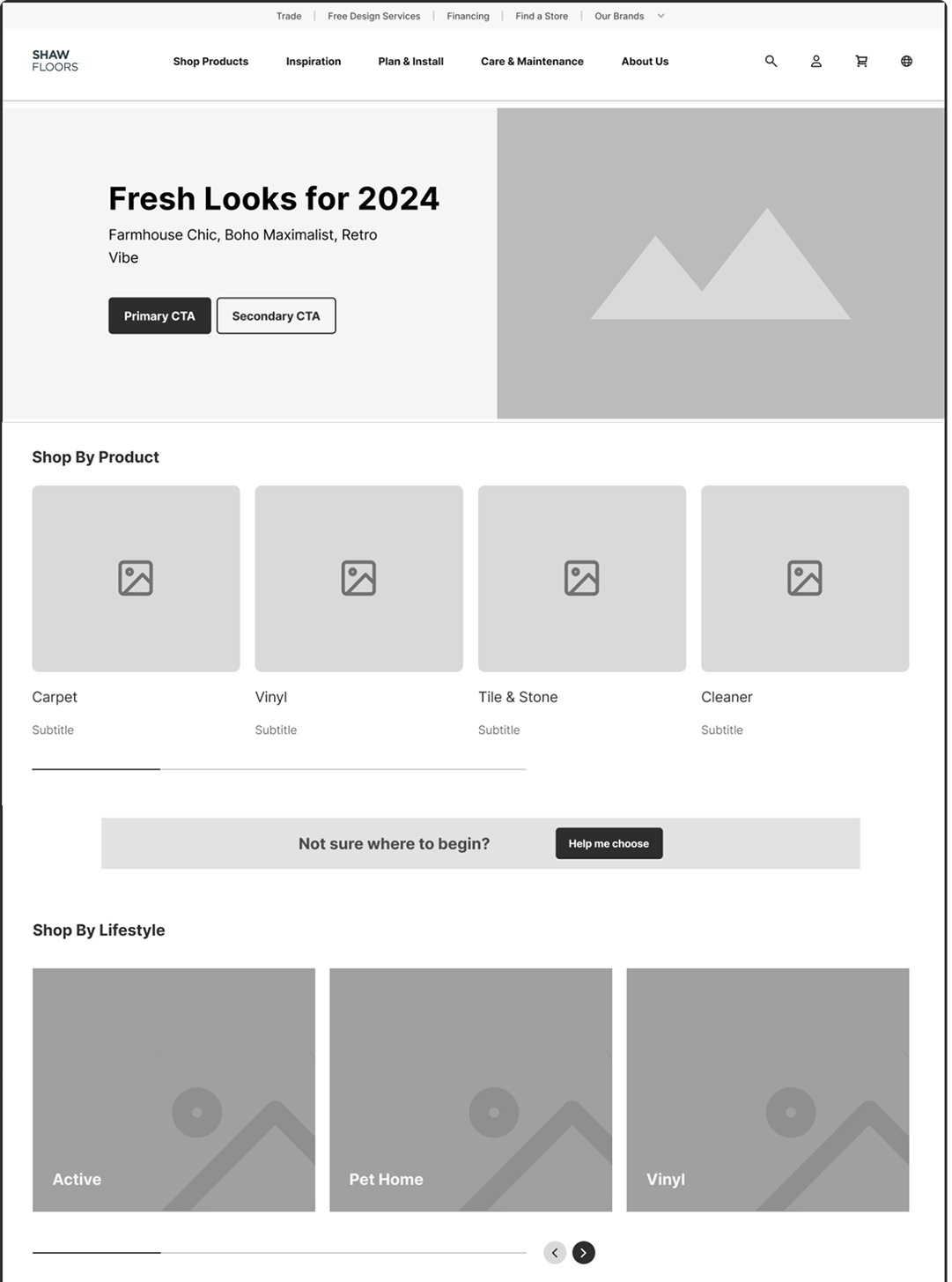 A wireframe of the new Shaw Floors home page, illustrating how reusable, standardized components in Figma were used to speed the design process.