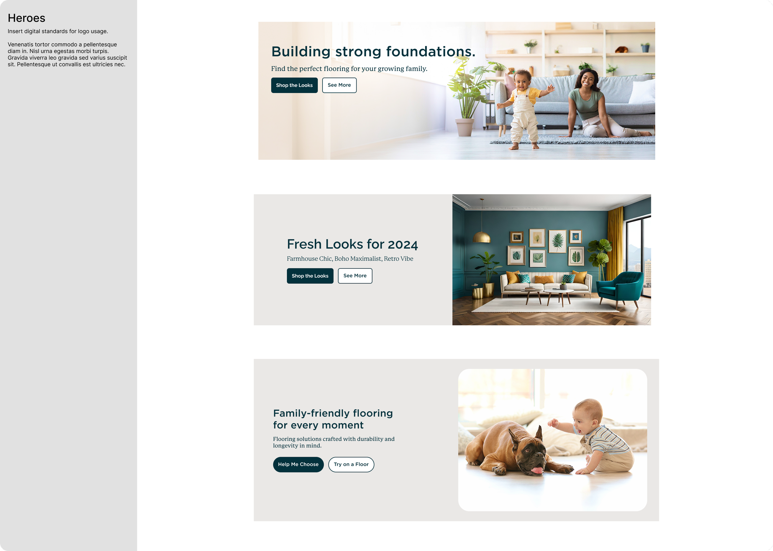 An excerpt of the new Shaw Floors component library, illustrating layout and style options for web page hero modules.