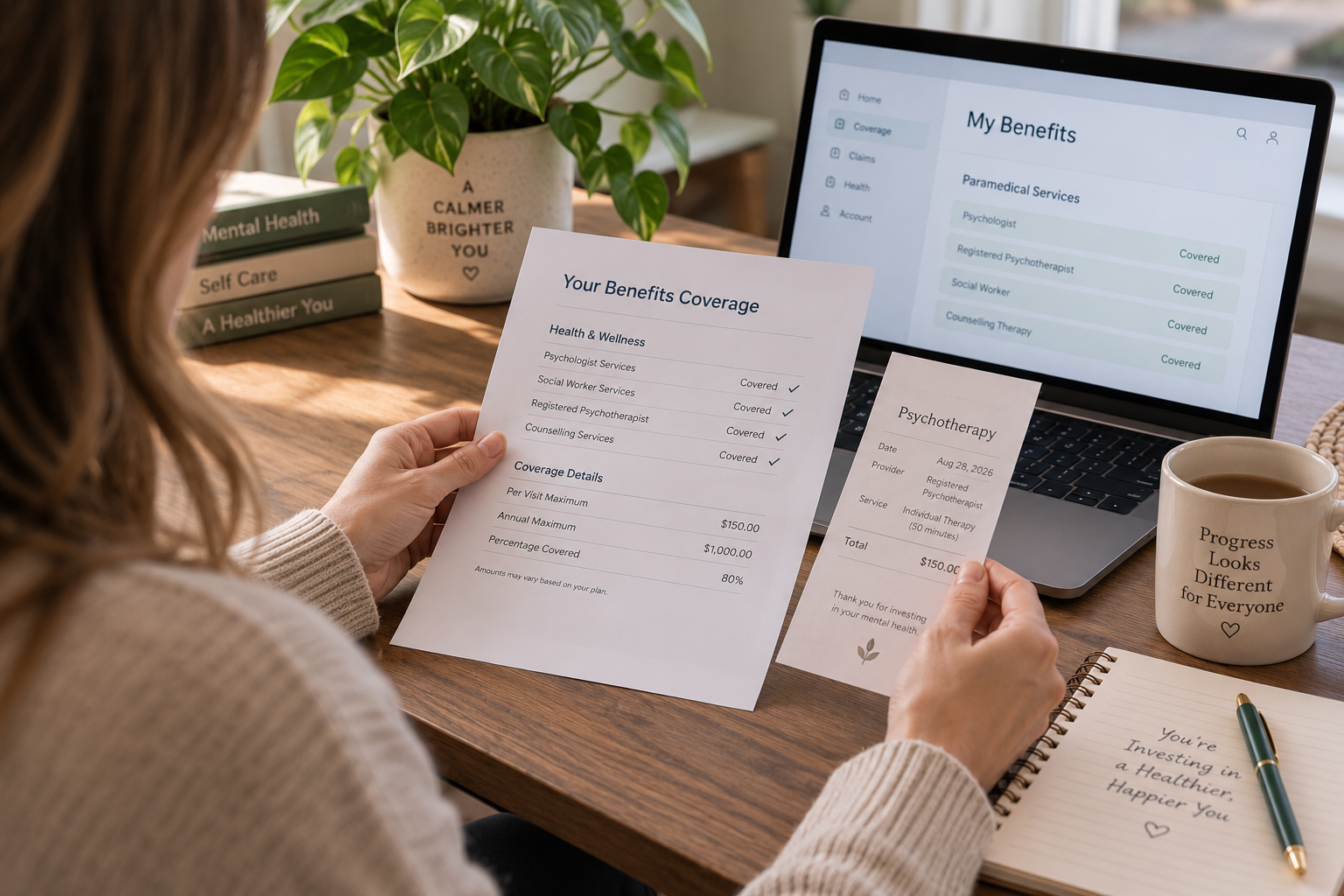 Person reviewing insurance coverage and benefits for psychotherapy in Ontario