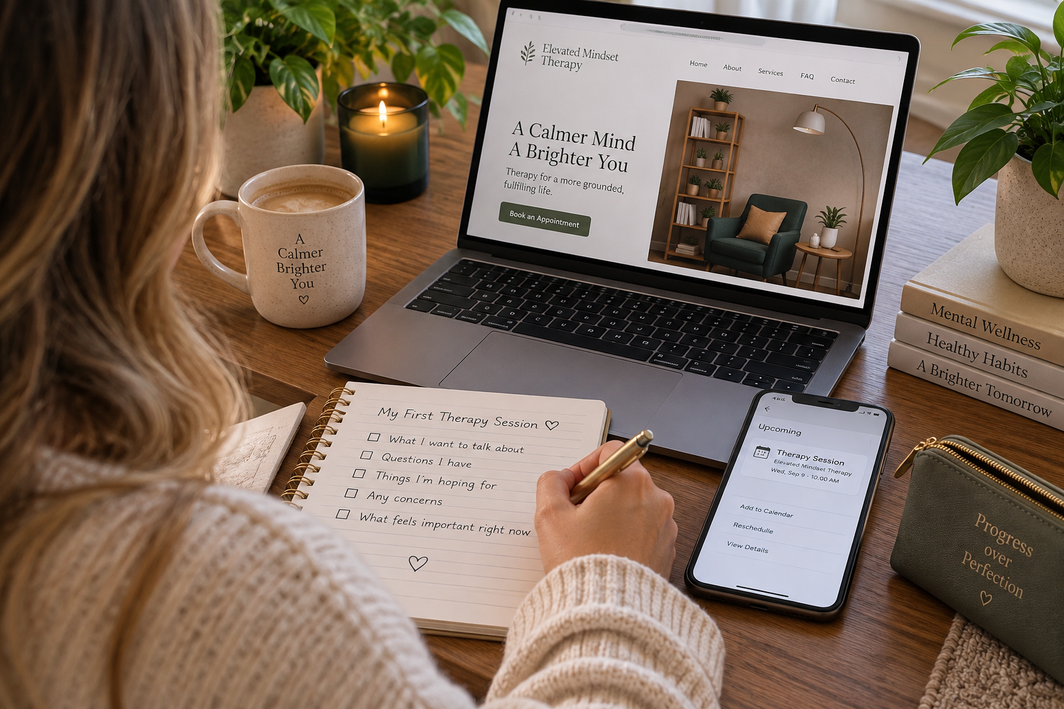 Person preparing for a first therapy session in London Ontario with notes and appointment information