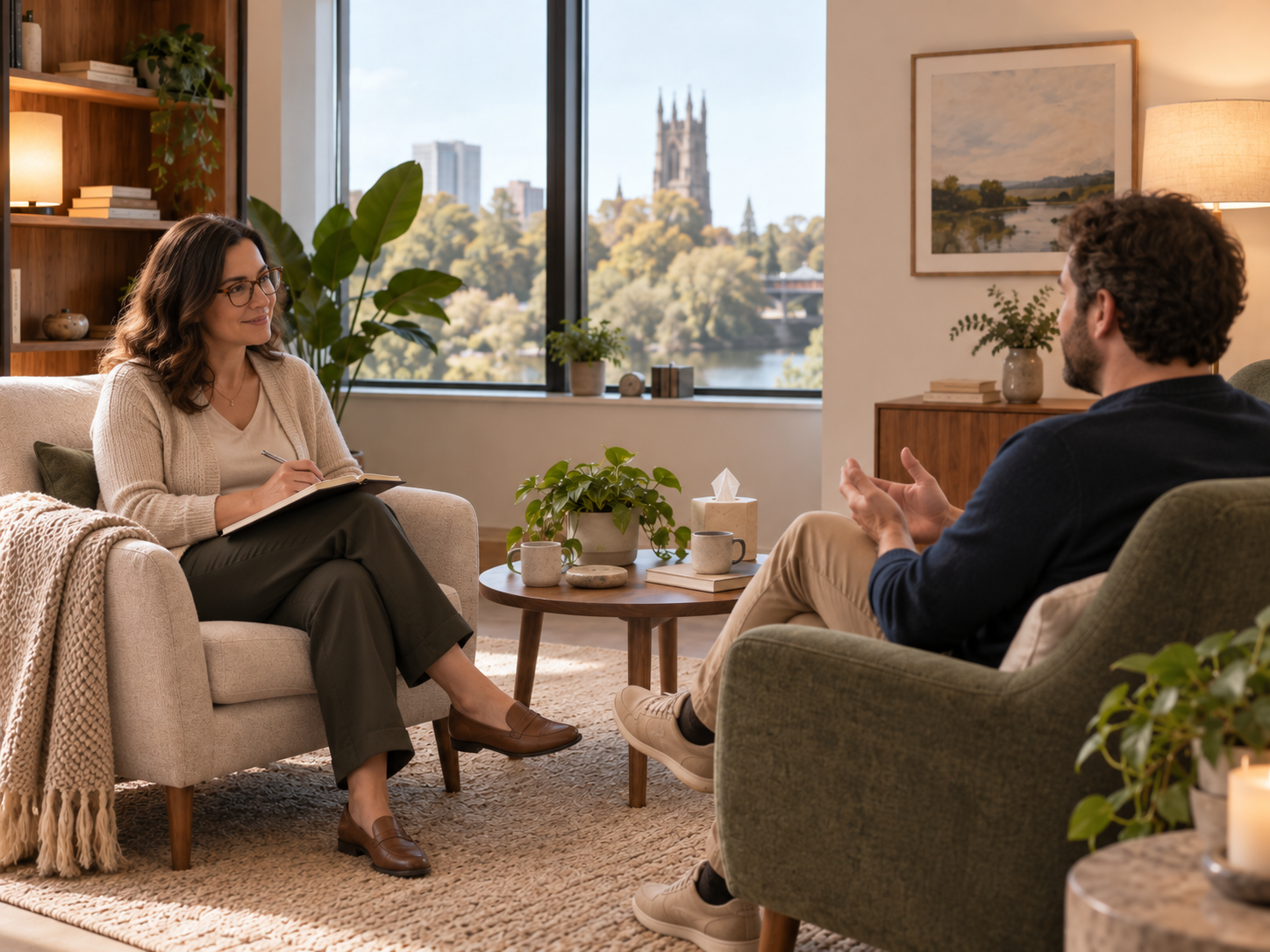 A therapist taking notes while speaking with a client in a warm, comfortable therapy office filled with natural light and plants, with a view of London, Ontario in the background.
