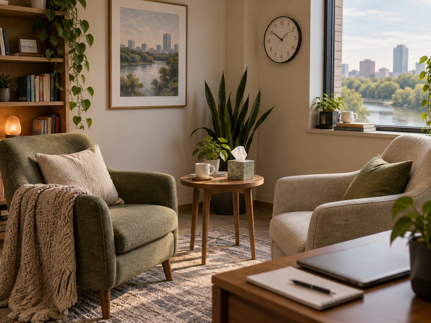 Warm therapy office representing different therapy session options in London, Ontario
