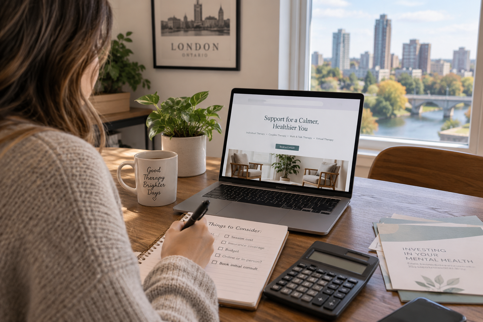 Person reviewing therapy costs and appointment options in London, Ontario