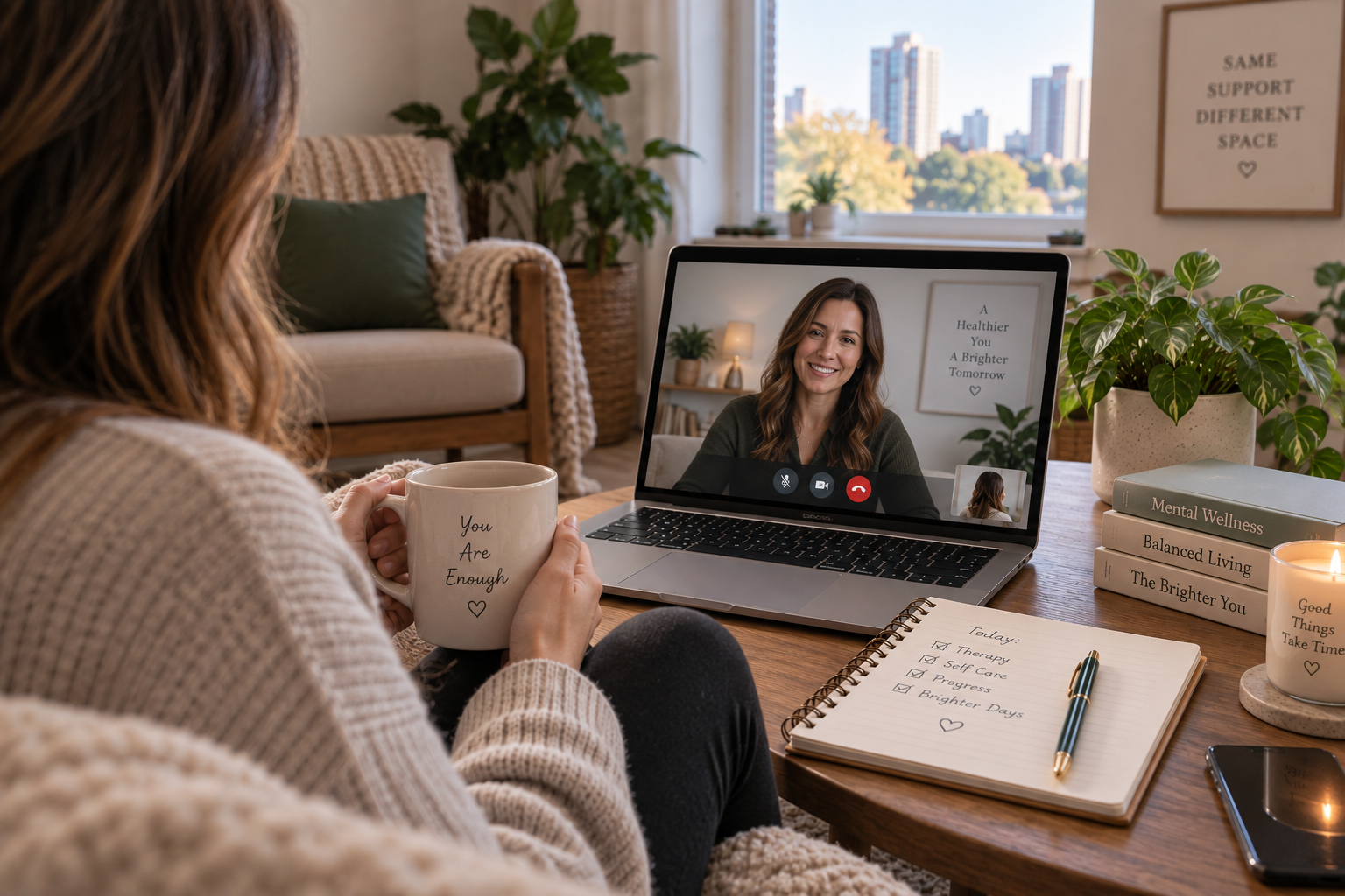 Client attending a virtual therapy session from home in Ontario
