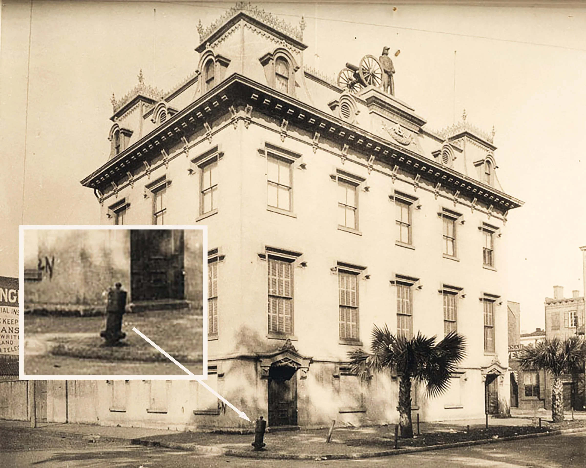 The Chatham Artillery Building stood on Wright Square. On the corners around the building were old cannons used as bumpers to prevent wagons, carts, and carriages from cutting the corners.