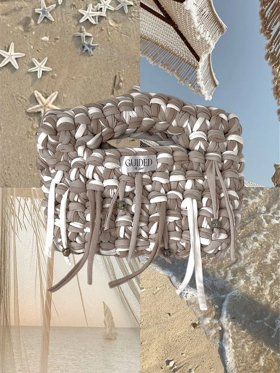 Beige and white tassel bead tote bag