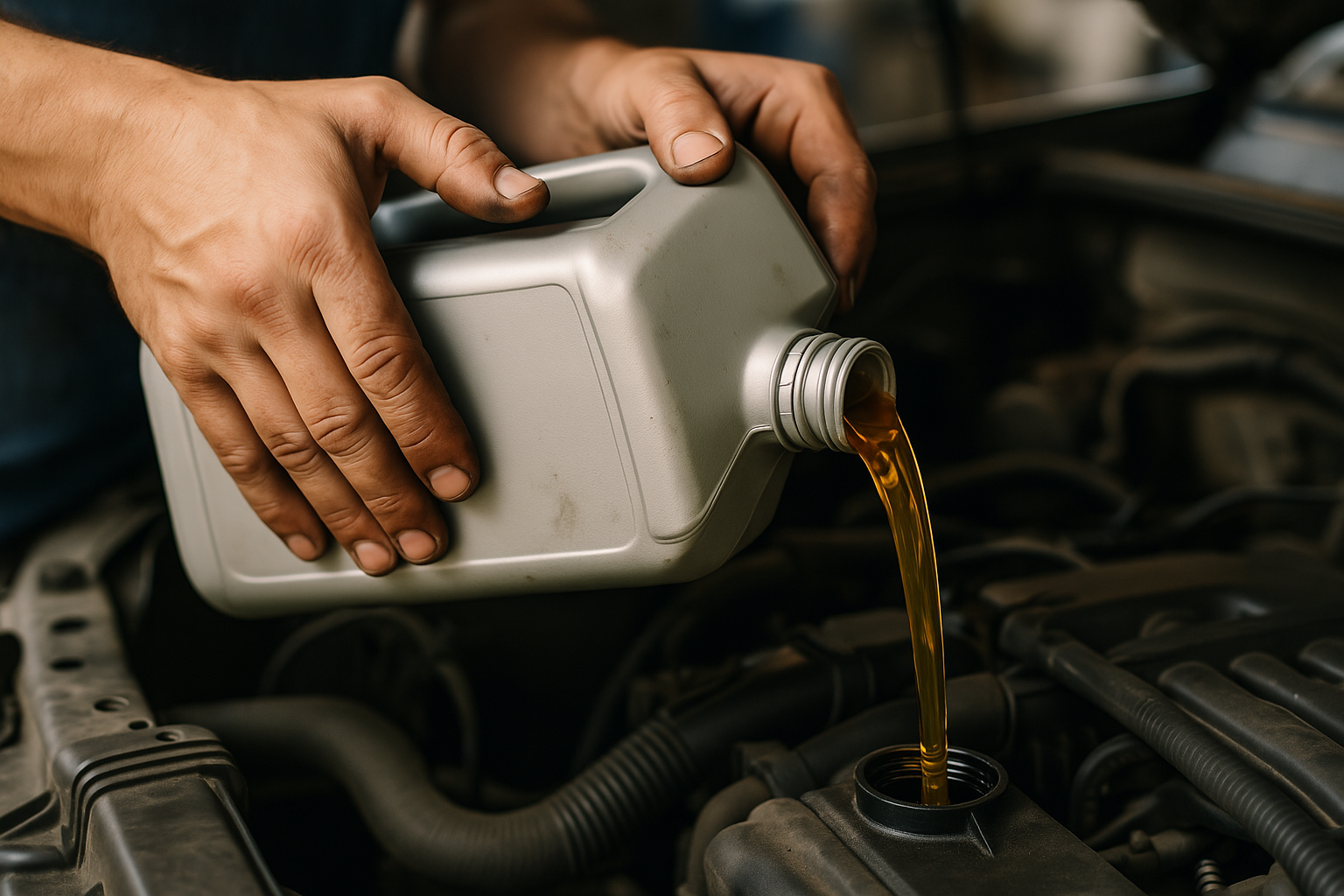 Person pouring engine oil from a gray bottle into a car engine.