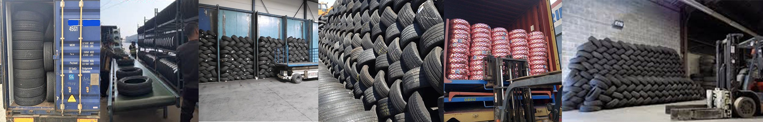 A collage of six images showing various stacks and arrangements of tires in a warehouse or storage area, with some tires mounted on rims and others piled or stacked, including a forklift moving tires.