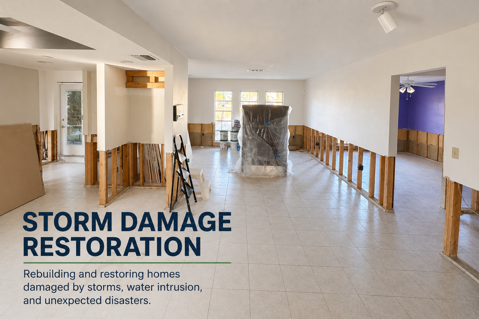 Storm damage restoration project featuring exposed framing, drywall removal, and interior reconstruction in Gulf Harbors, FL