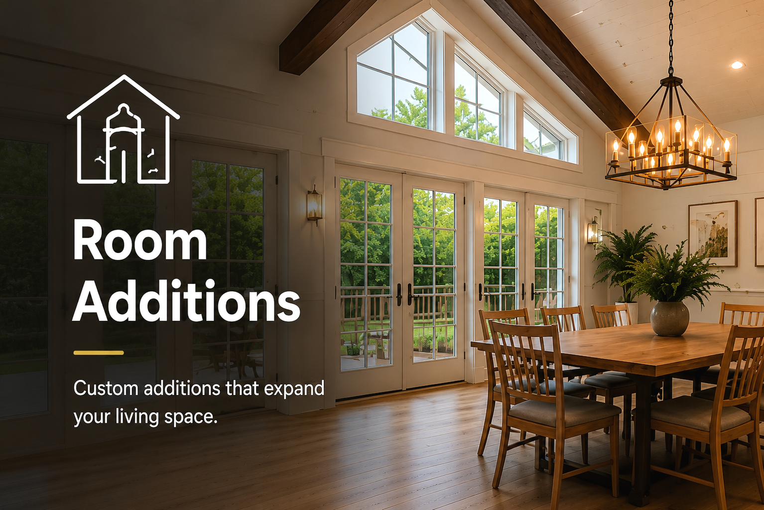 Custom room addition with vaulted ceilings, large windows, open living space, and natural light.