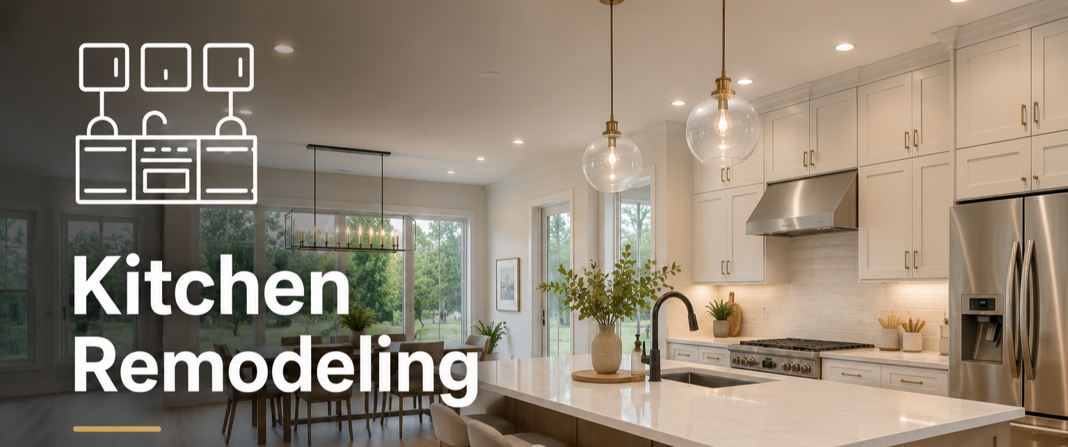 Modern open-concept kitchen remodel with custom cabinetry, large island, quartz countertops, pendant lighting, and stainless steel appliances.