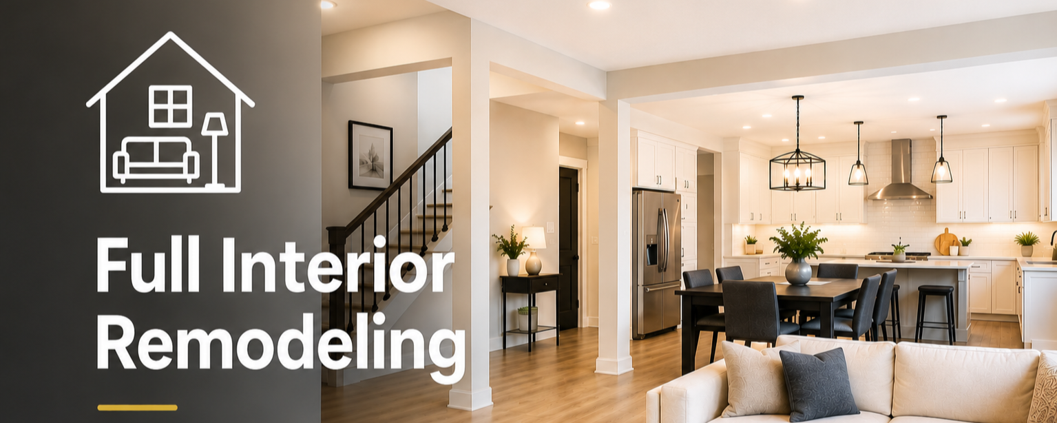 Full interior home remodeling with open-concept living space, modern kitchen, updated flooring, and custom finishes.