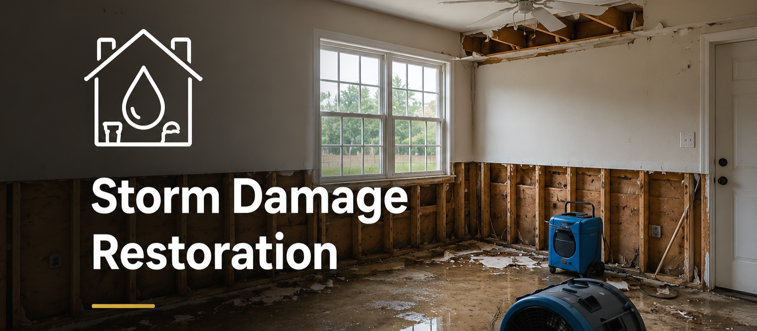 Storm damage restoration project with exposed framing, water damage mitigation, and interior reconstruction in progress.