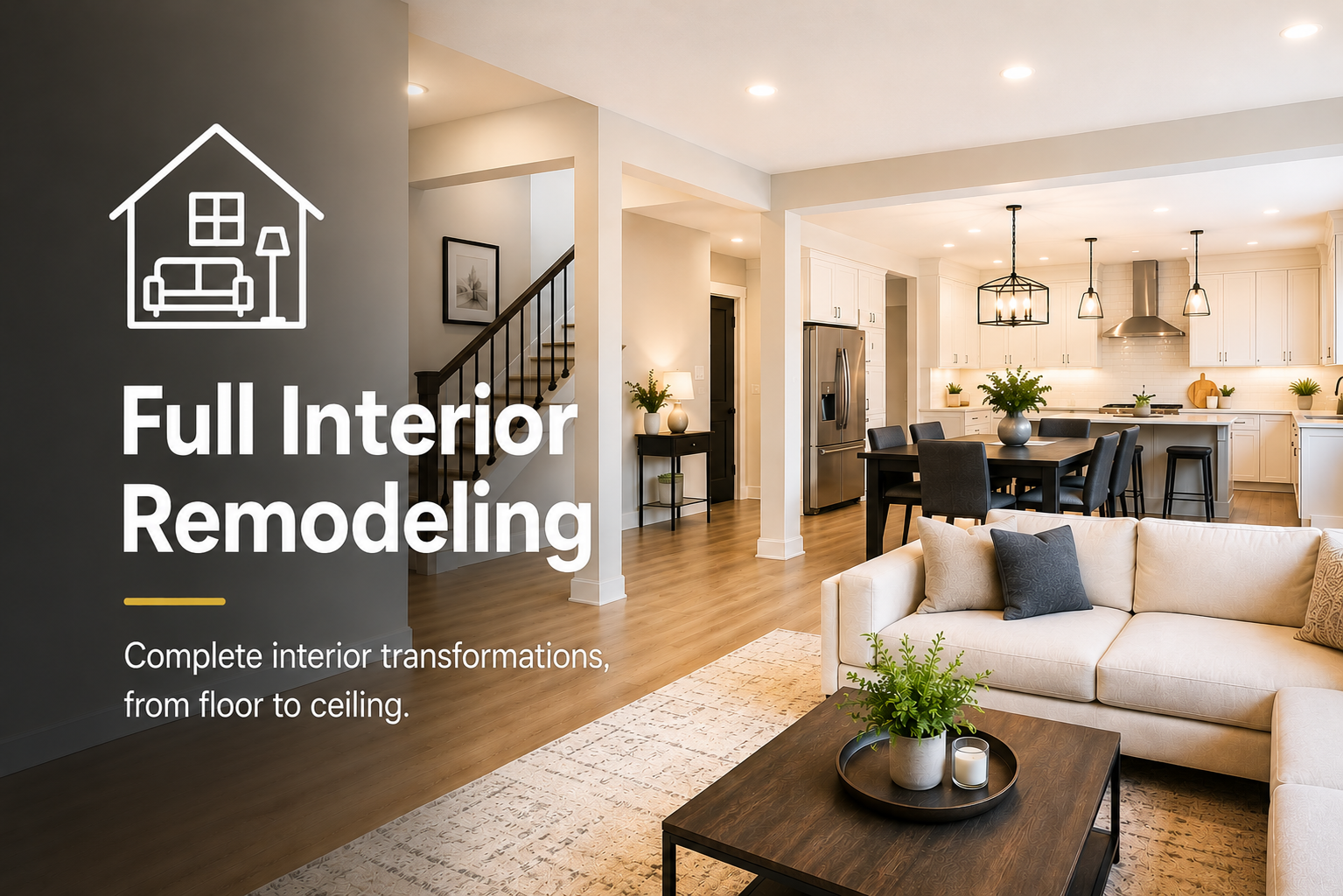 Full interior home remodeling with open-concept living space, modern kitchen, updated flooring, and custom finishes.