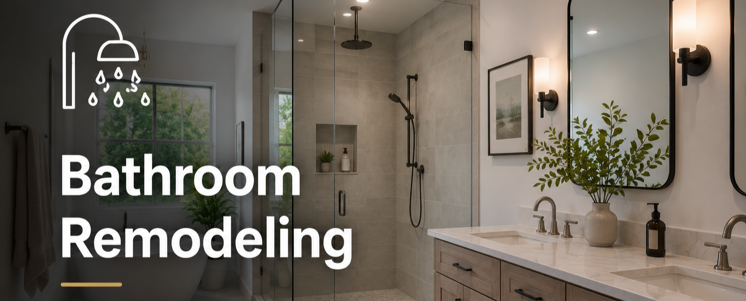 Modern bathroom remodel with custom tile shower, frameless glass enclosure, floating vanity, and contemporary finishes.