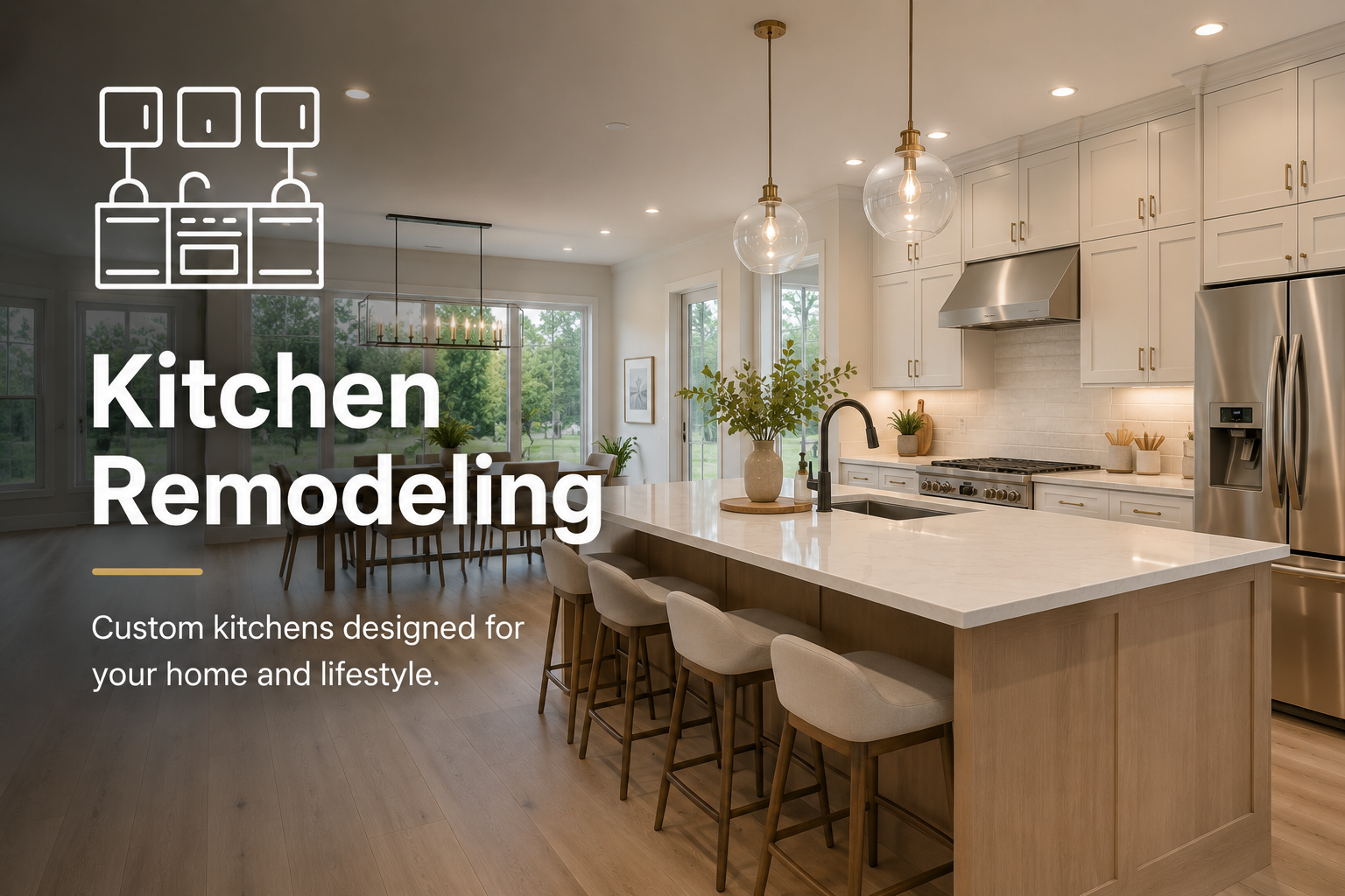 Modern open-concept kitchen remodel with custom cabinetry, large island, quartz countertops, pendant lighting, and stainless steel appliances.