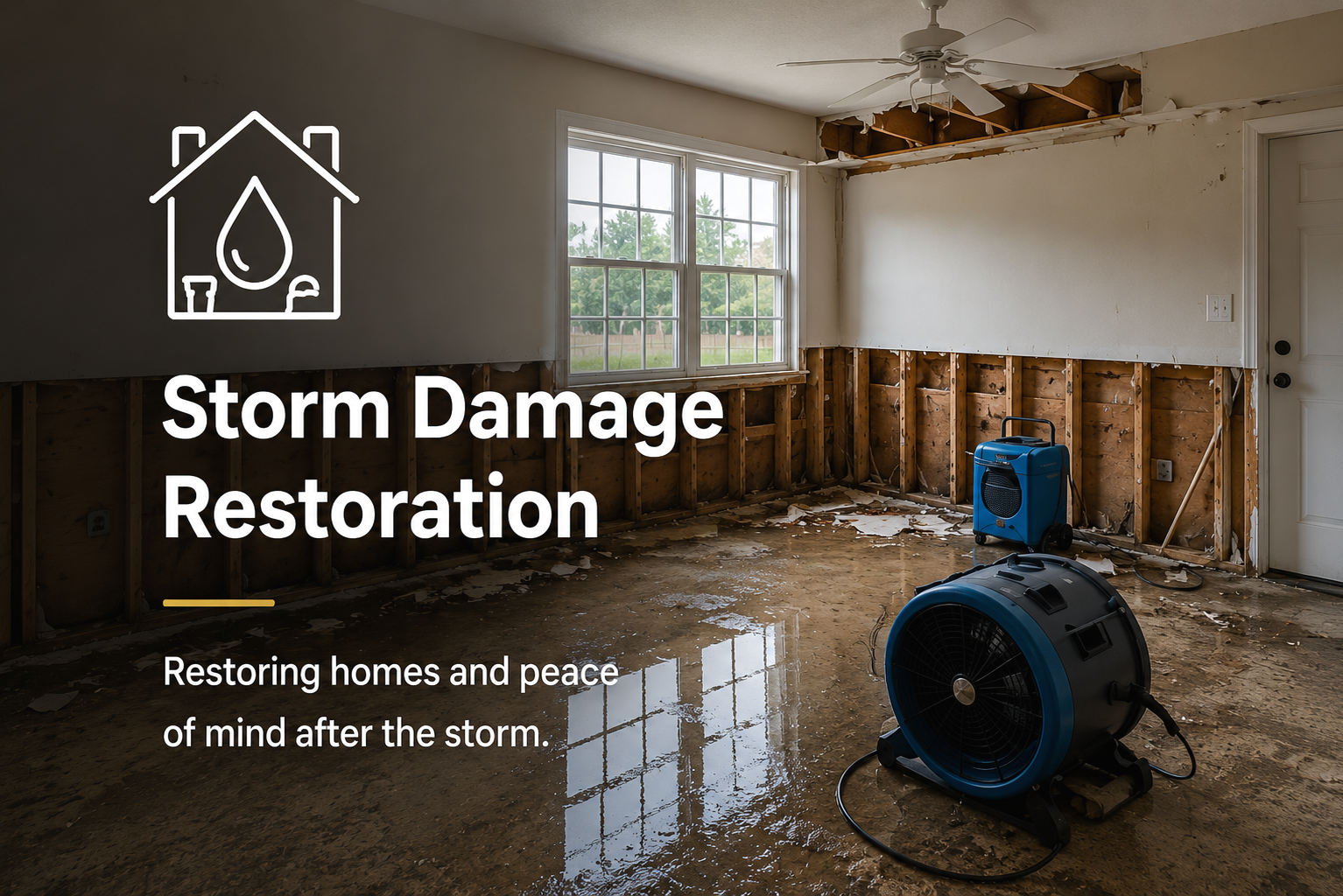 Storm damage restoration project with exposed framing, water damage mitigation, and interior reconstruction in progress.